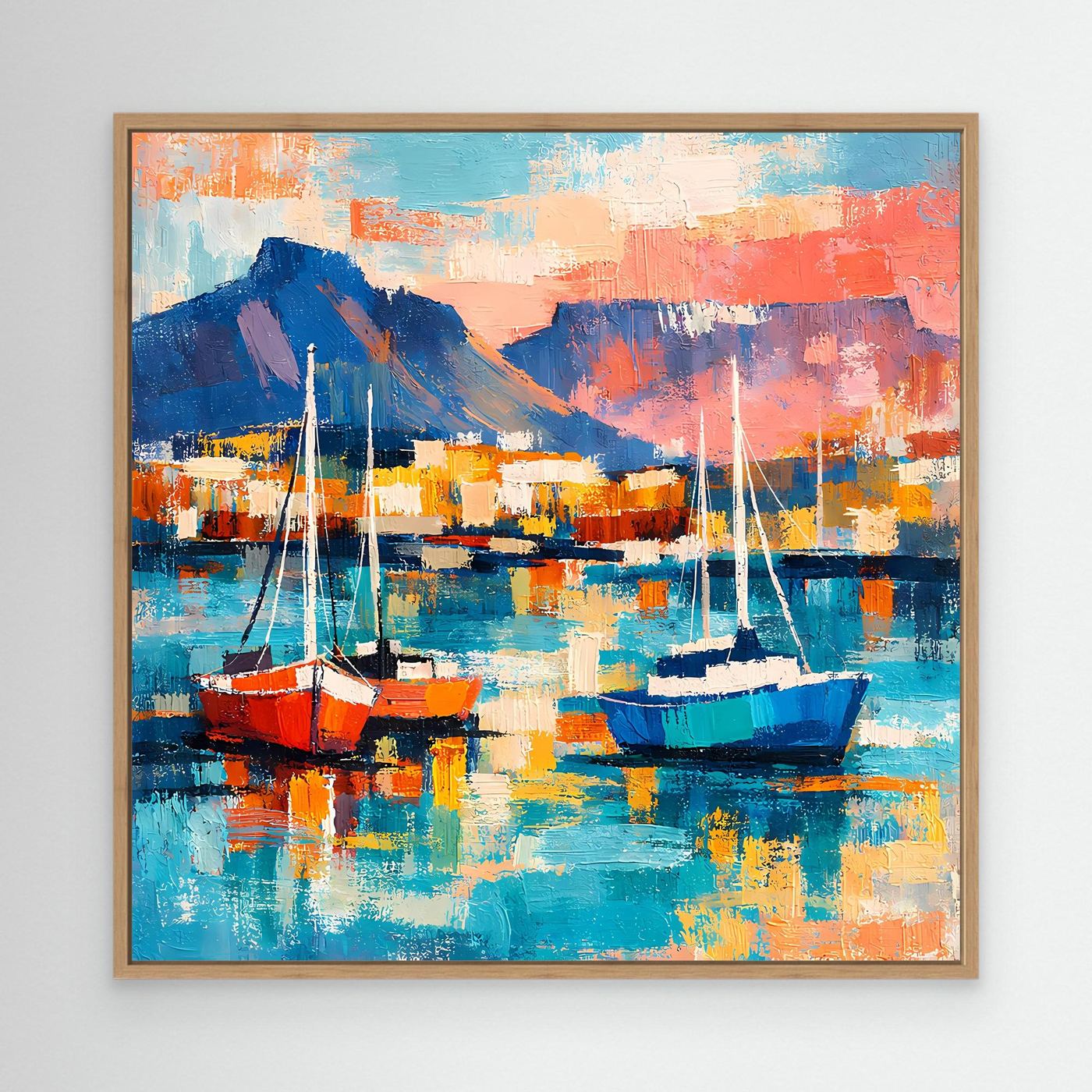 Leinwand-Wandbild mit Segelbooten, Eichenholzrahmen, türkis-blaue Farbtöne und Orange