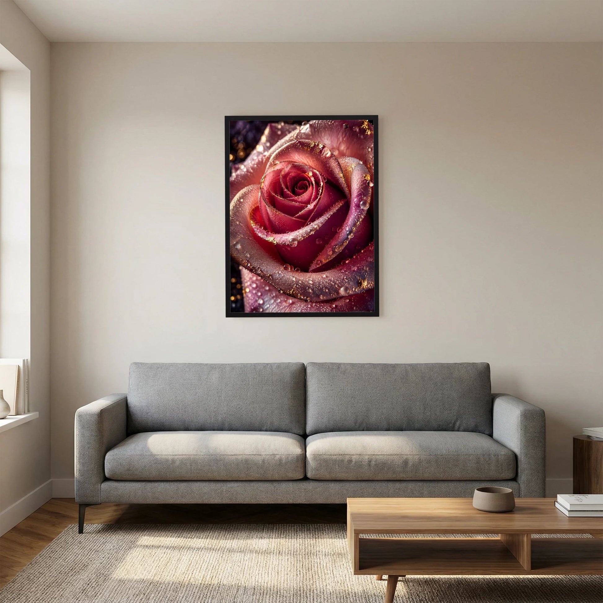 Rosenposter im schwarzen Rahmen mit roter Rose, glänzenden Wassertropfen und Goldakzenten