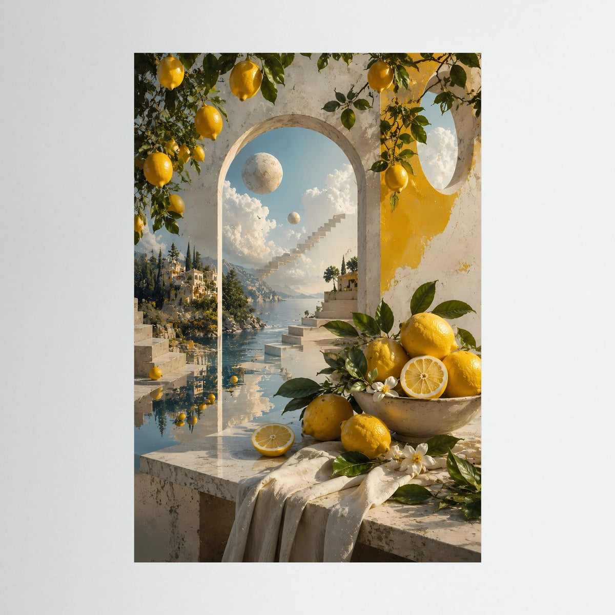 Kunstposter im Hochformat mit Zitronen, Torbogen und mediterraner Küste