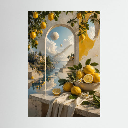 Kunstposter im Hochformat mit Zitronen, Torbogen und mediterraner Küste