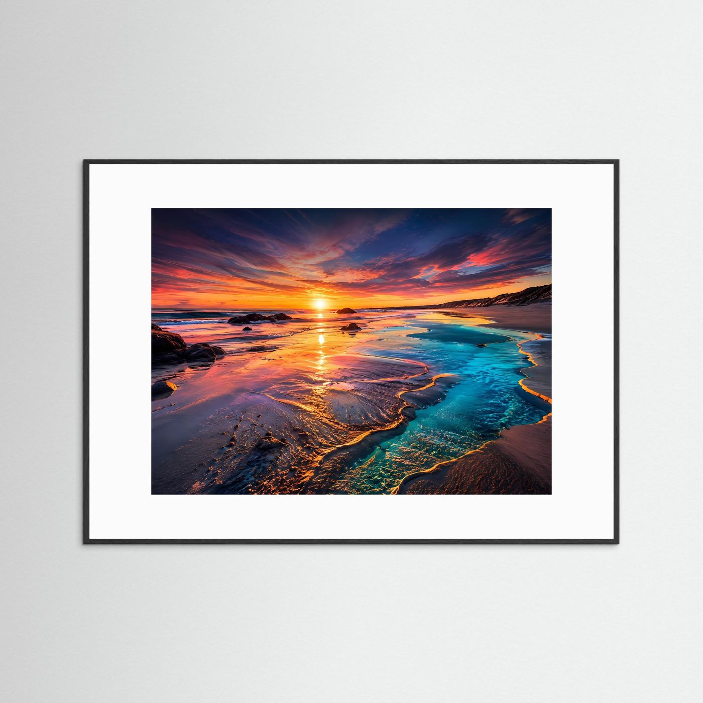Sonnenuntergang Strand Poster | Türkis Küste Wandbild | Moderne Landschaft Kunst | Ozean Fine Art | Panorama Leinwand