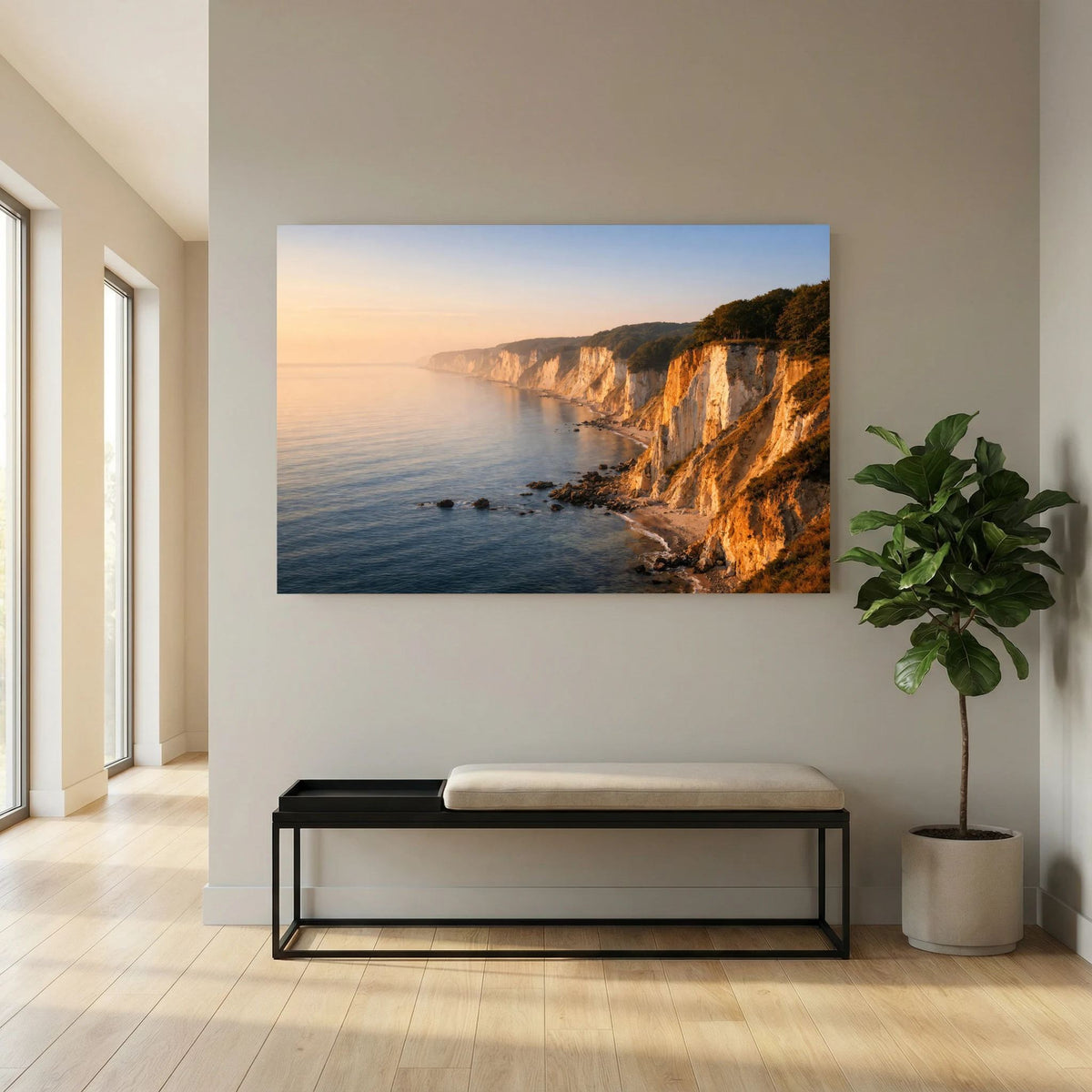 Querformatiges Ostsee-Wandbild mit Kreidefelsen an der Küste bei Sonnenaufgang