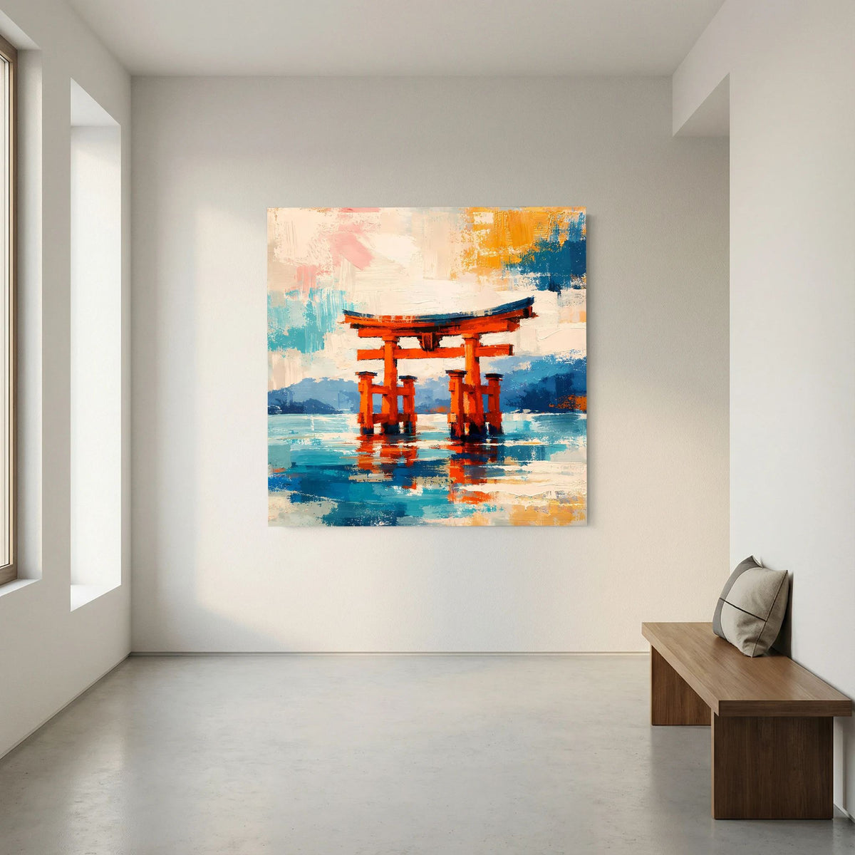 Abstraktes Leinwandbild mit Torii-Tor und Spiegelungen im blau-türkisfarbenen Wasser