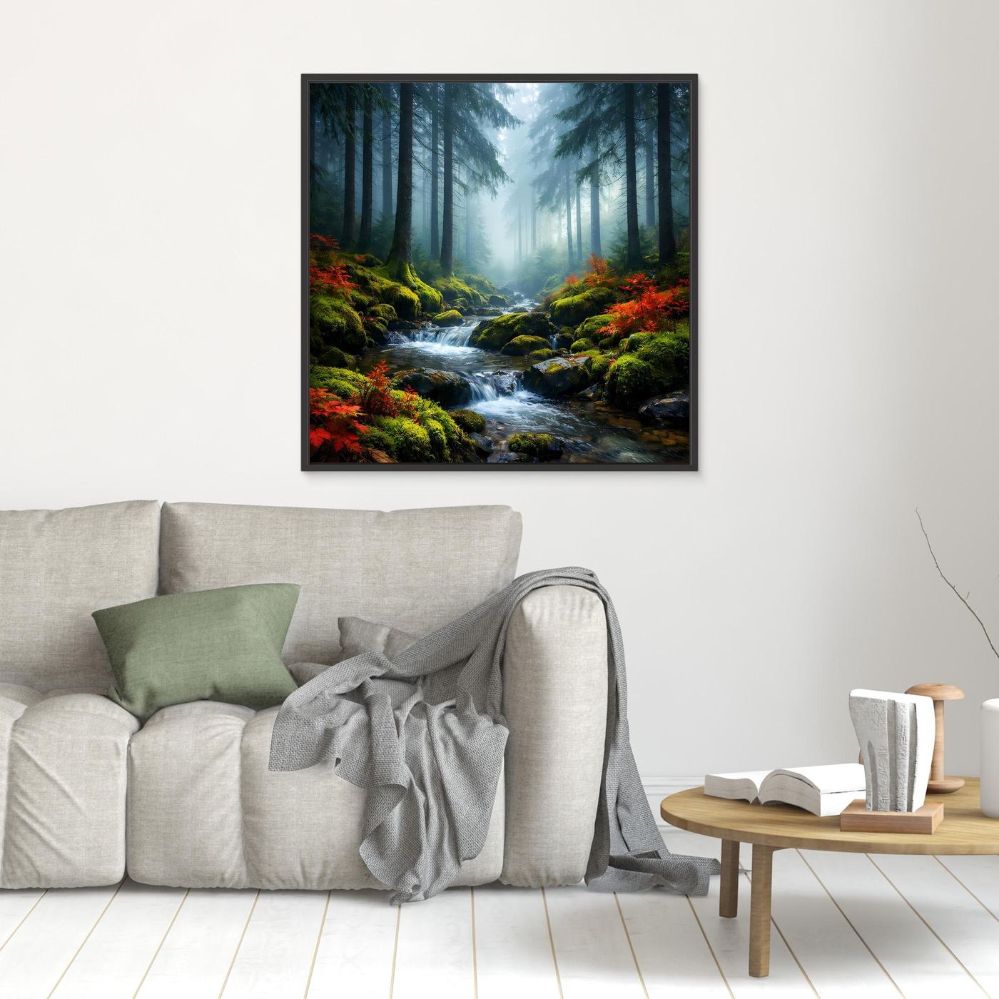 Wandbild: Waldbach im Nebel mit roten Sträuchern, Moosfelsen und dunklem Rahmen