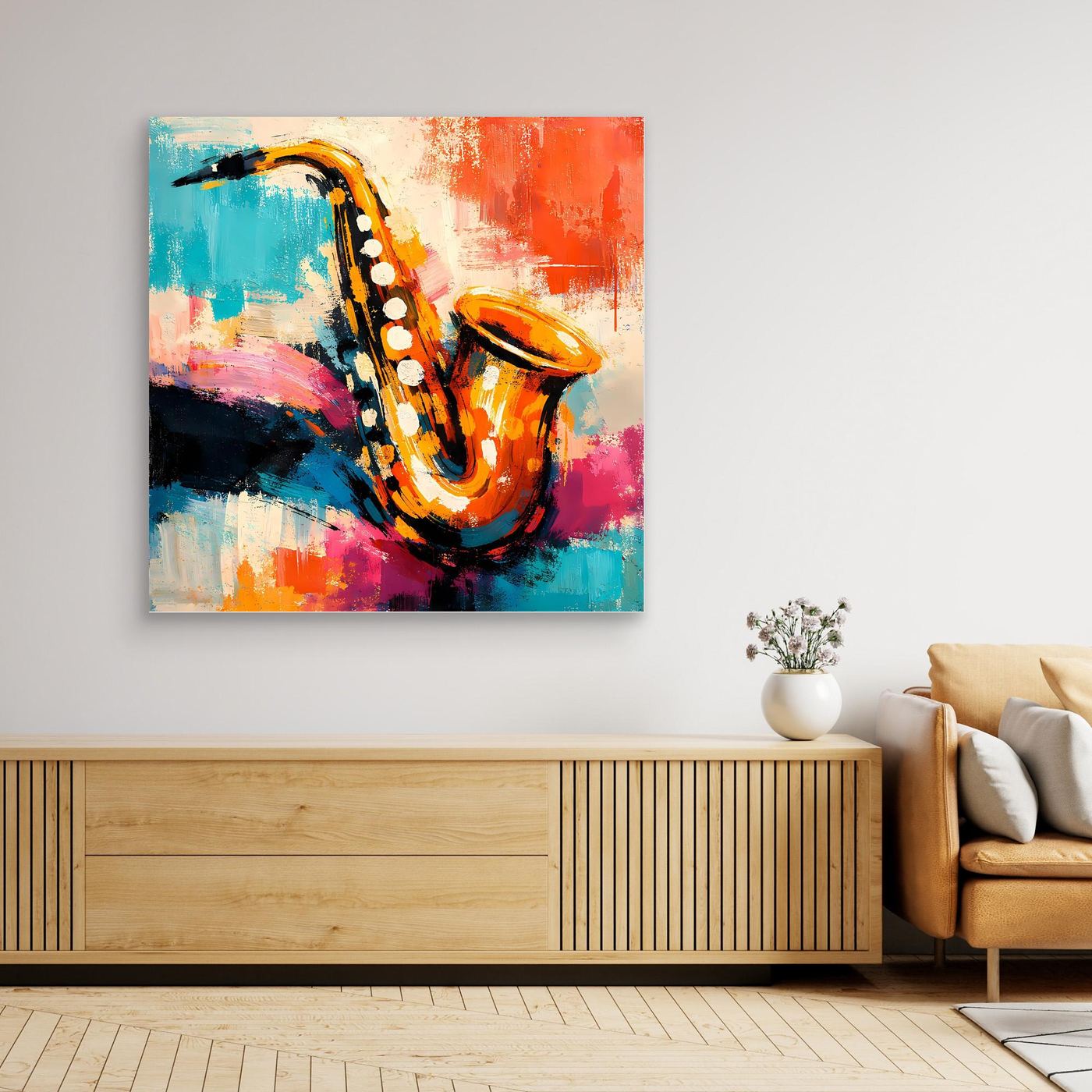 Large framed abstract saxophone canvas wall art with vivid brushstrokes