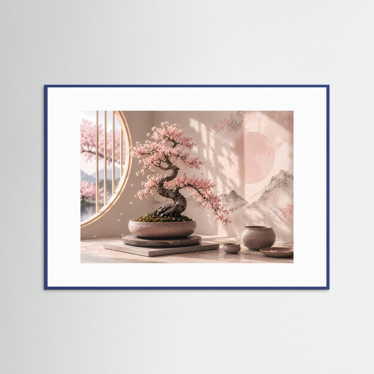 Poster im Querformat: Bonsai mit Kirschblüten in Pastellrosa, blauer Rahmen