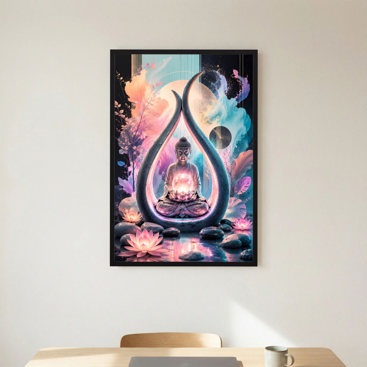 Hochformat-Poster: Buddha im Meditationssitz, Lotus-Design, schwarzer Rahmen