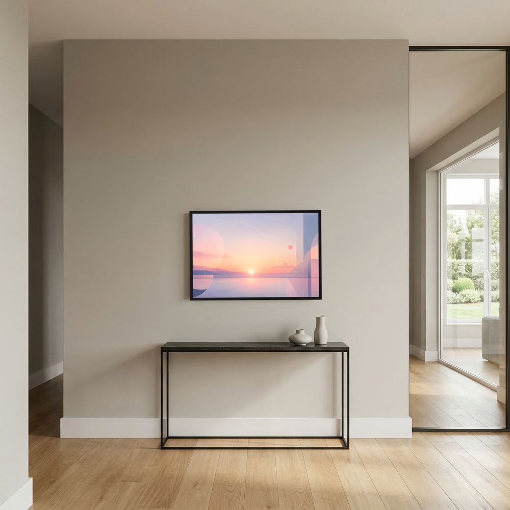 Kleines Querformat-Poster mit Sonnenlandschaft in Rosa und Blau, schwarzer Rahmen an Wand