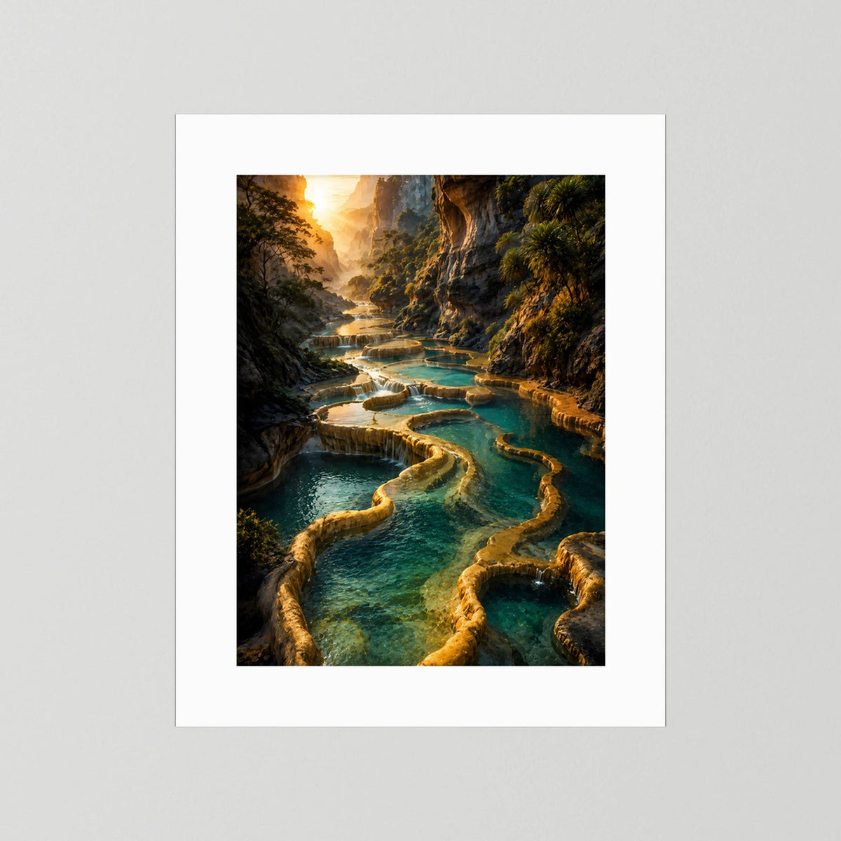 Poster im Hochformat mit weißem Rand: türkisfarbenes Wasser und goldene Felsbecken.