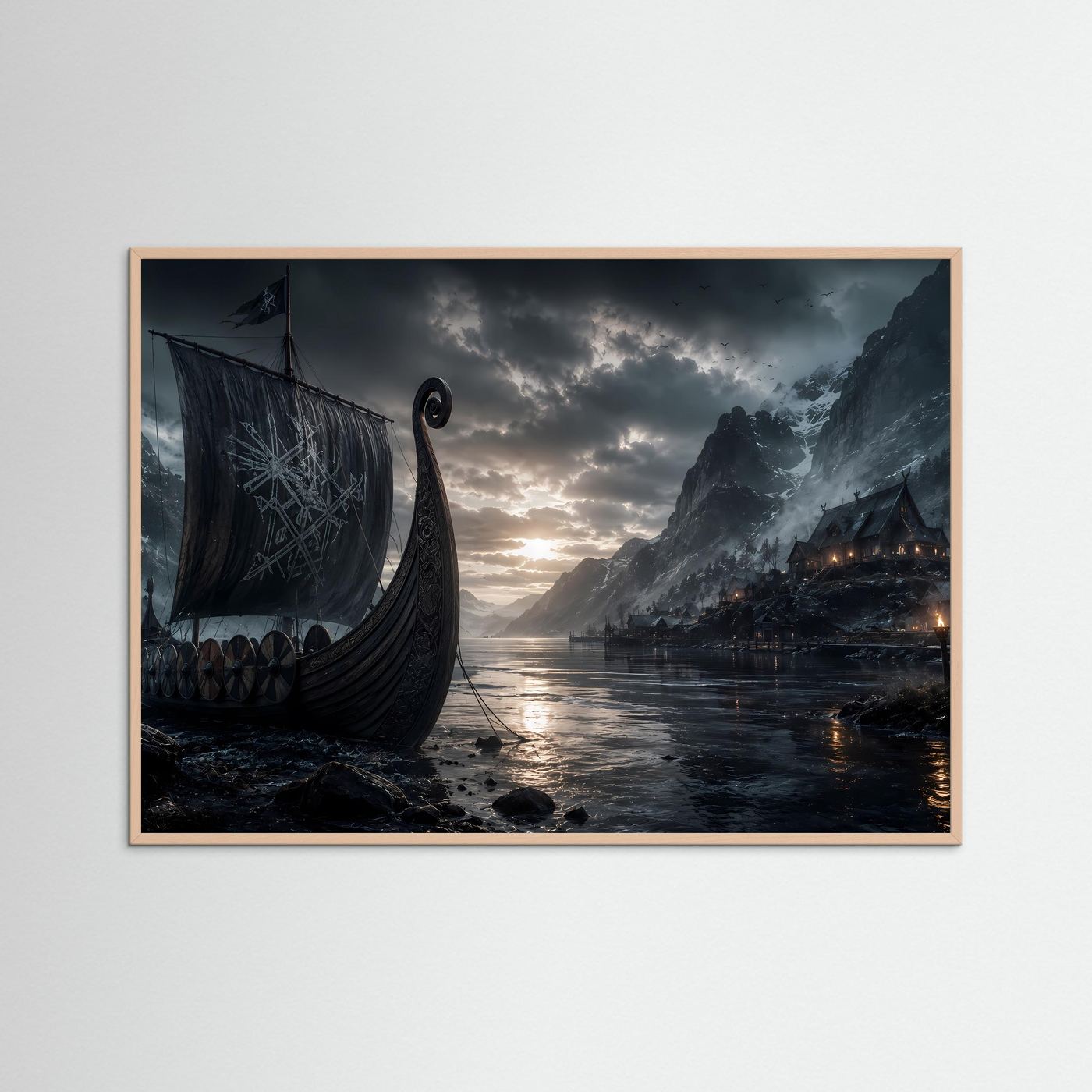 Wikinger im Fjord | Mystisches Langschiff zwischen Bergen – Nordische Wandkunst