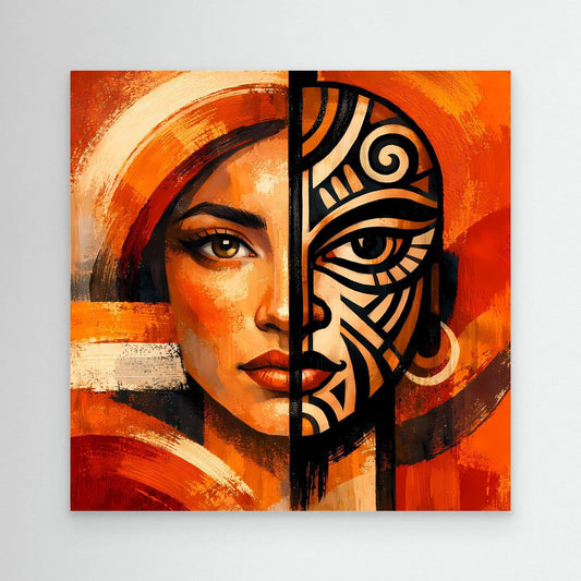 Leinwandbild: Frauenporträt mit Maskenhälfte, orange/rot, schwarz-grafische Muster, ohne Rahmen