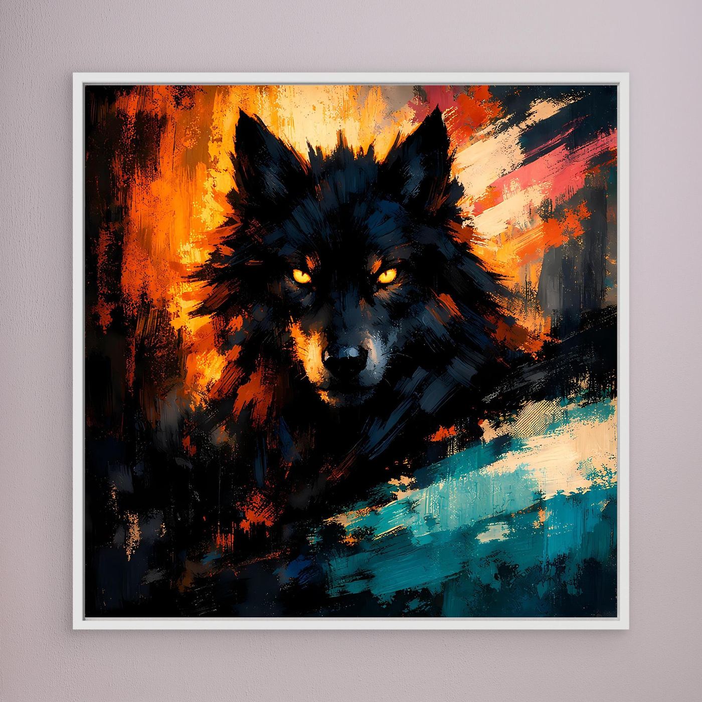 Abstraktes Wandbild: dunkler Wolf mit leuchtenden Augen, Flammenhintergrund, türkisfarbene Pinselstriche
