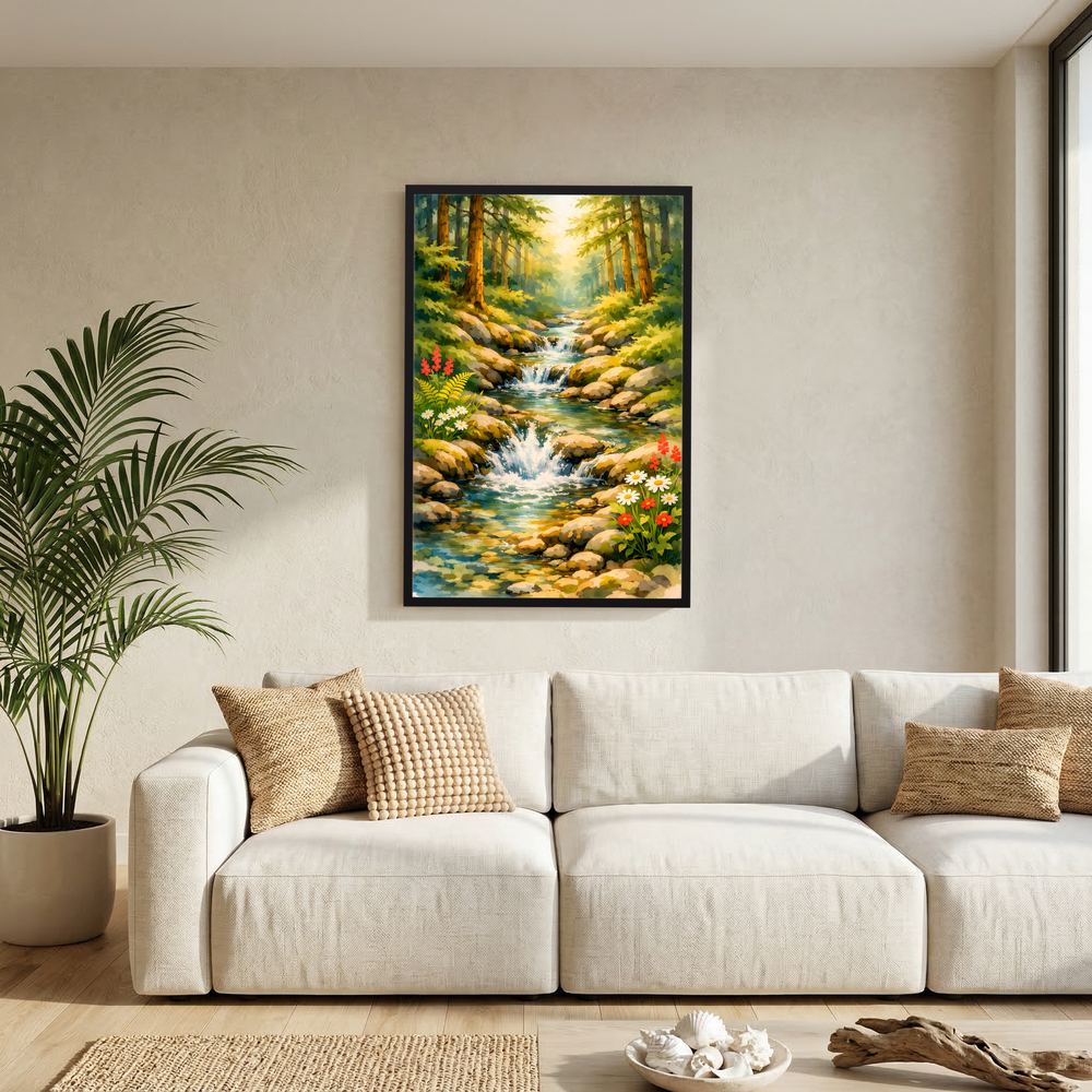 Wasserfall-Wandposter mit Bachlauf im Wald und Blüten, schwarzer Rahmen an Sofa-Wand