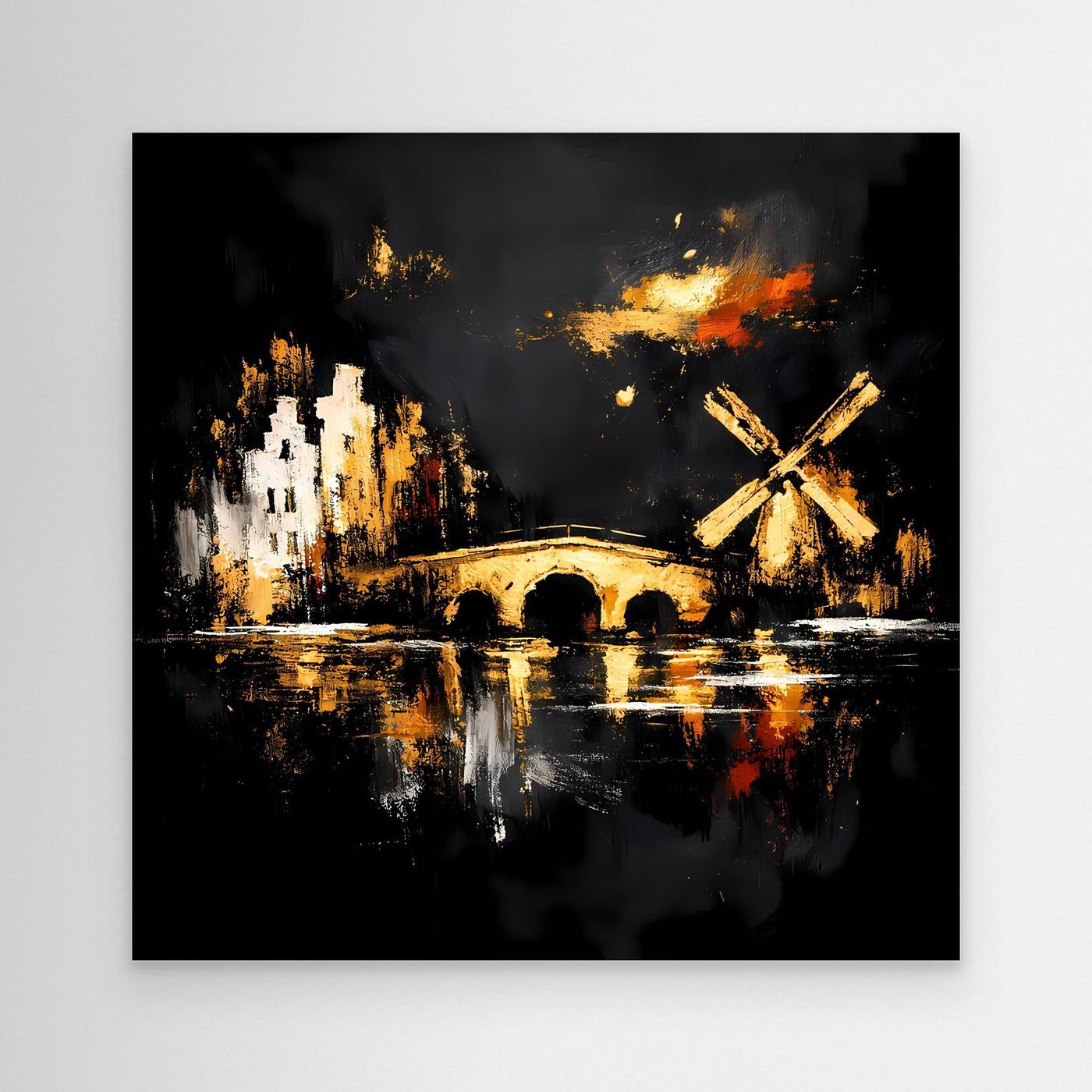 Leinwand Goldene Windmühle in Amsterdam | Abstraktes Holland Wandbild Modern