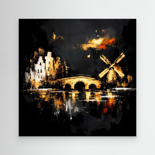 Abstraktes Leinwand-Wandbild mit goldener Windmühle, Brücke und Spiegelung im Kanal