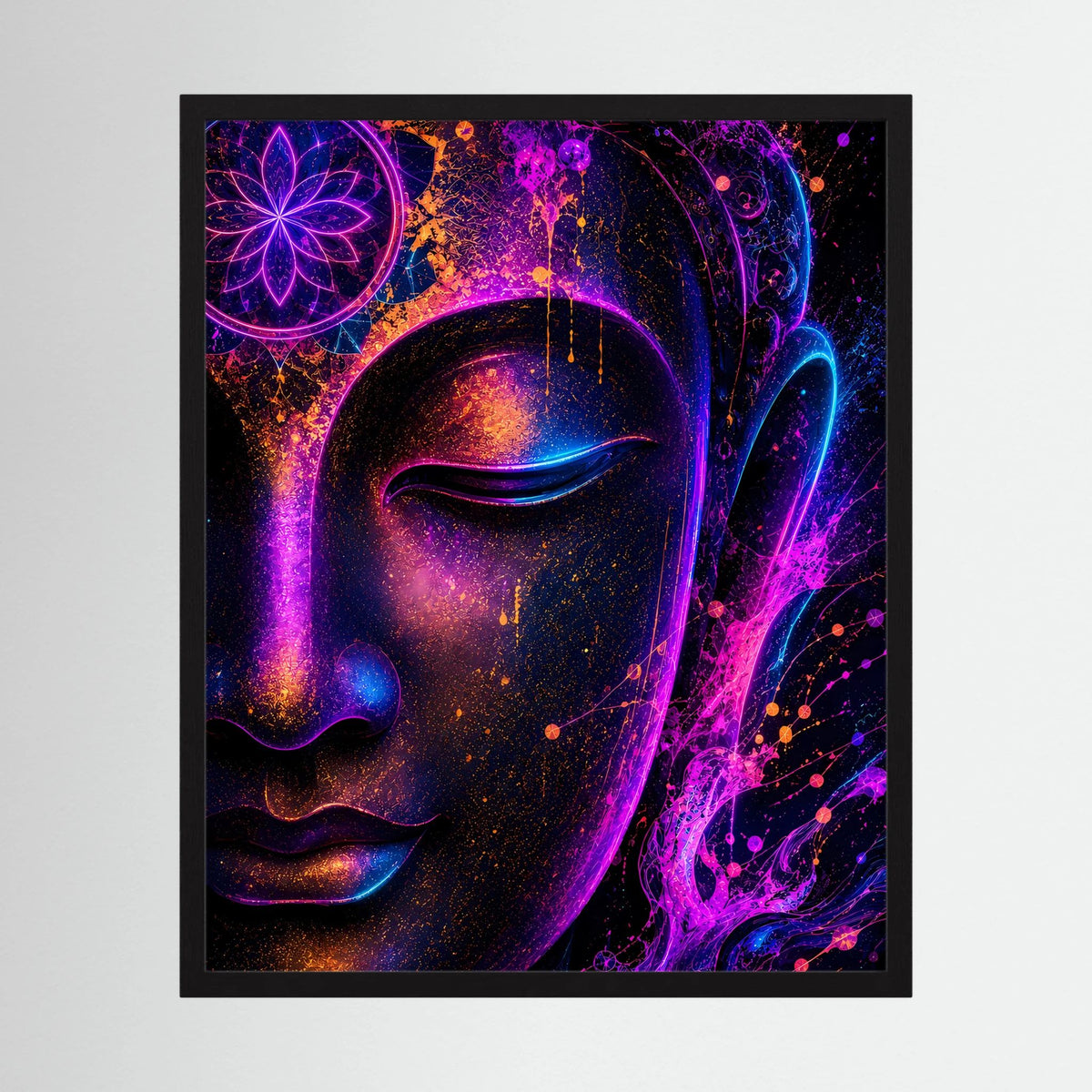 Neon-Buddha-Poster im schwarzen Rahmen, abstrahiertes Buddha-Gesicht in Pink und Blau.