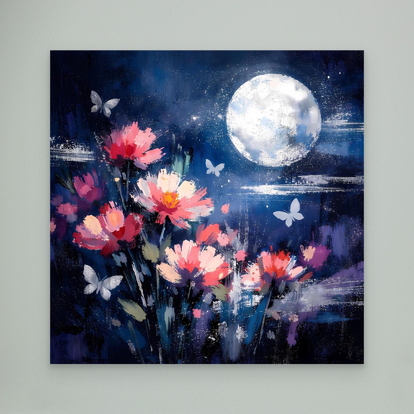 Abstraktes Blumen-Wandbild ohne Rahmen: pinke Blüten, großer heller Mond, Schmetterlinge