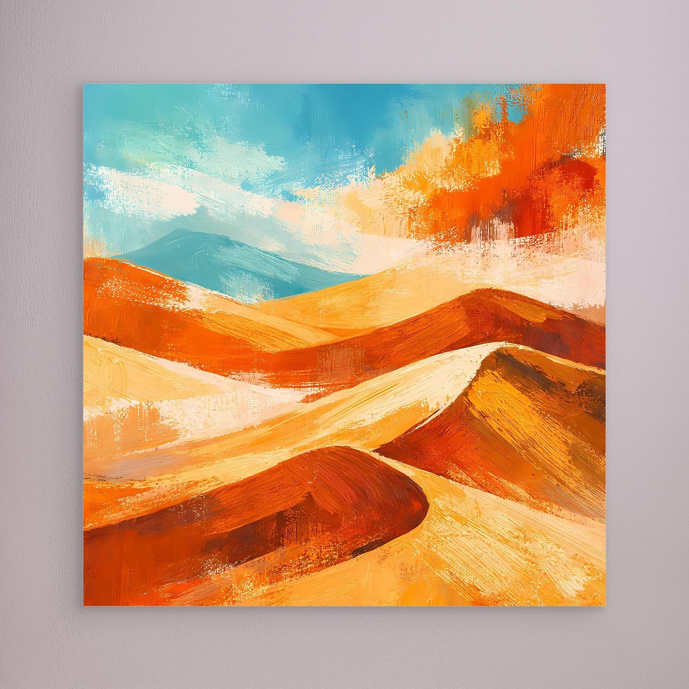 Abstract desert wall art with orange and gold dunes and blue sky, unframed