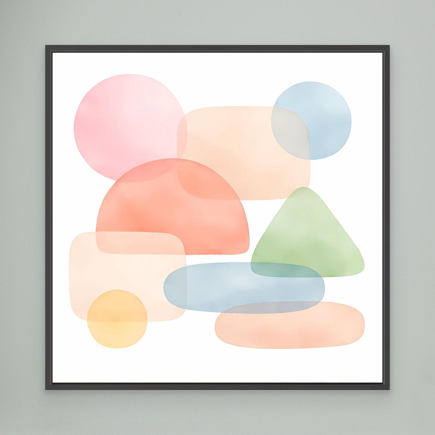 Leinwandbild mit abstrakten Pastellformen in Pink, Blau, Grün und Beige, schwarz gerahmt