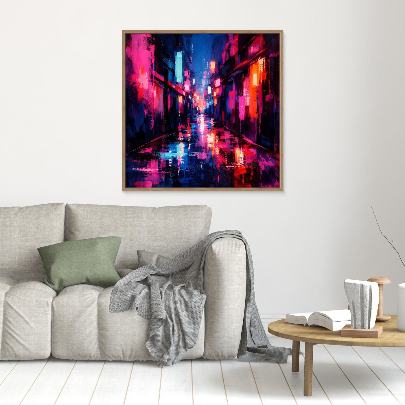 Leinwand Cyberpunk Nachtgasse im Regen | Modernes Neon Wandbild