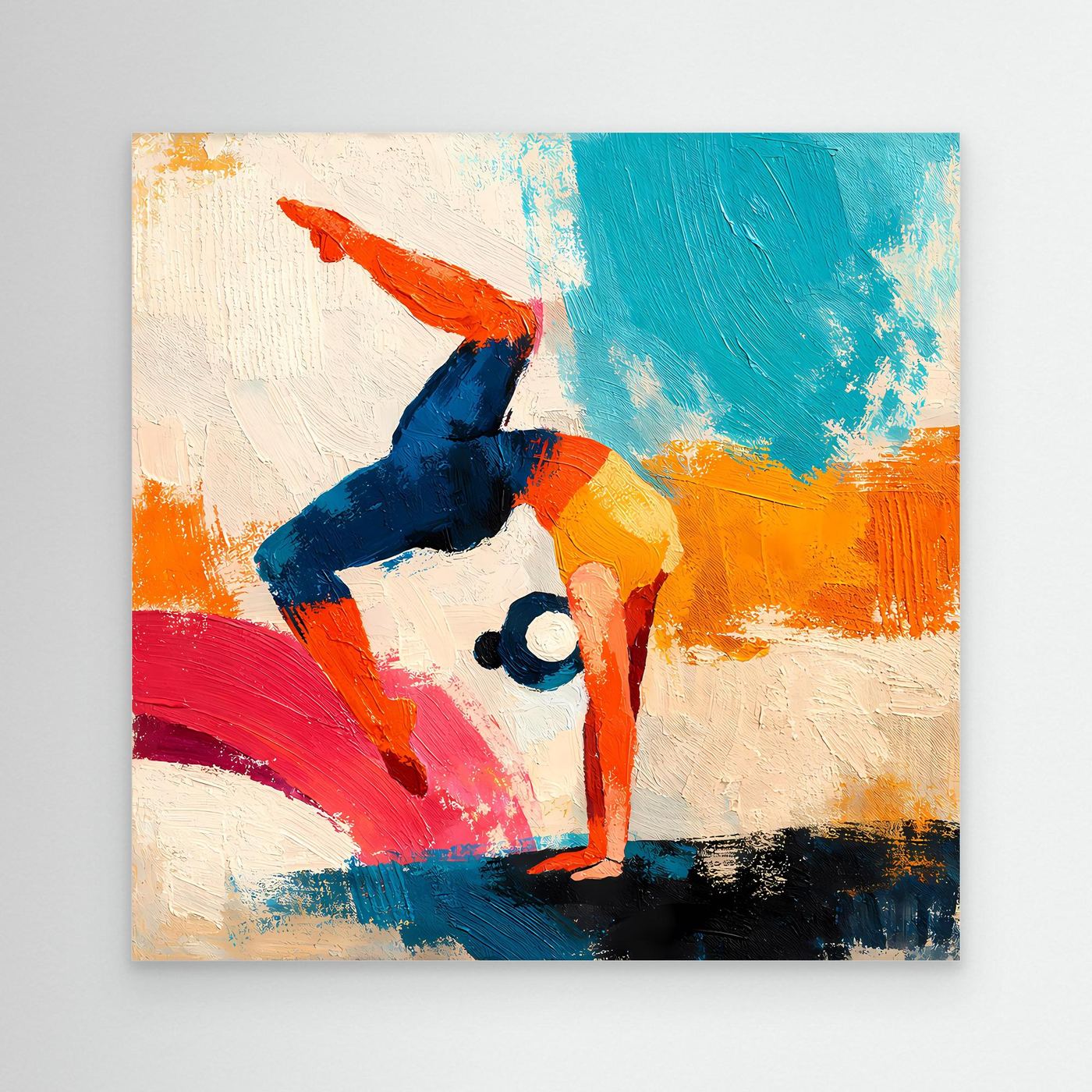 Abstract yoga handstand canvas with blue, orange, red and teal figures in dynamic pose