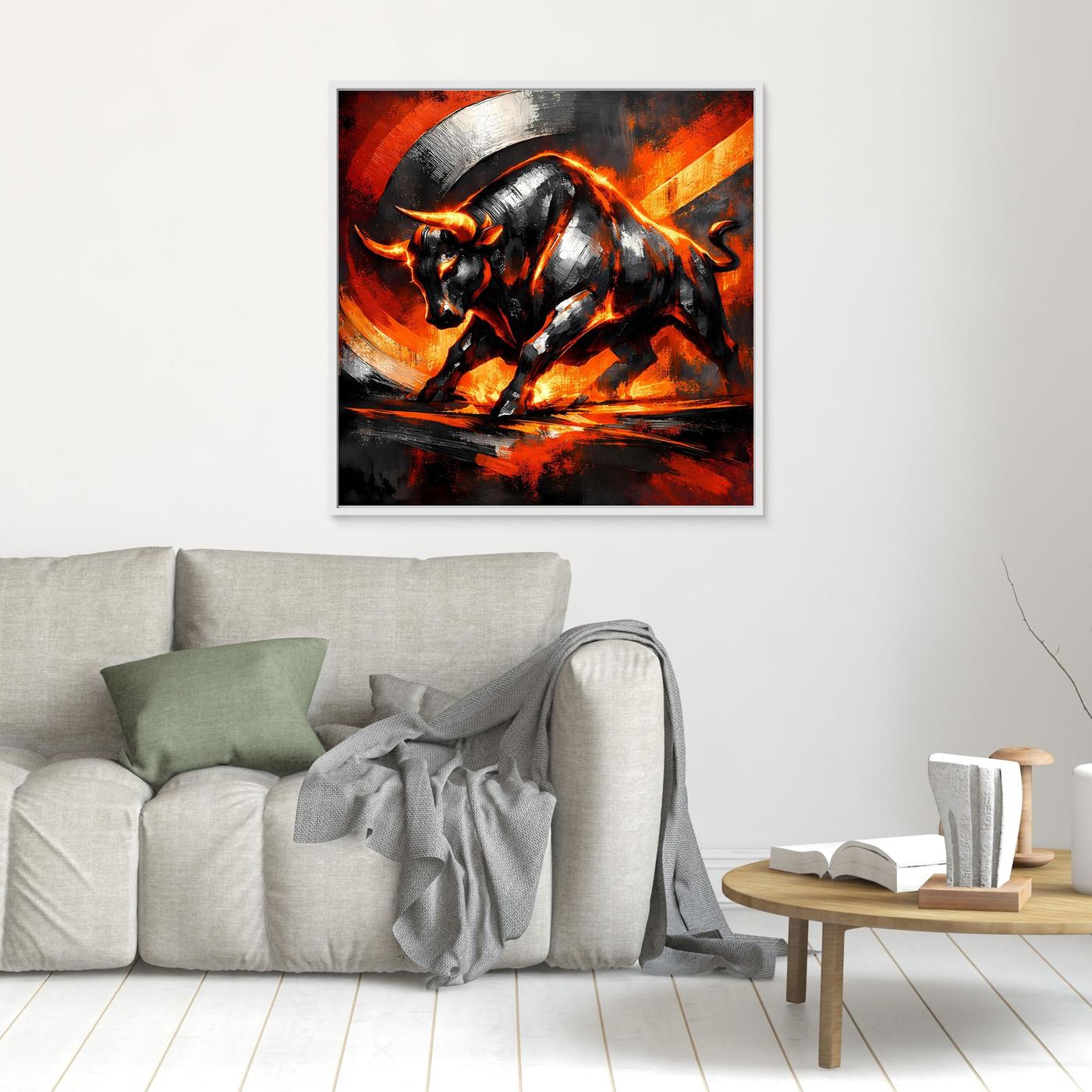 Wandbild mit abstraktem Stiermotiv in Schwarz und Feuerrot, hell gerahmt