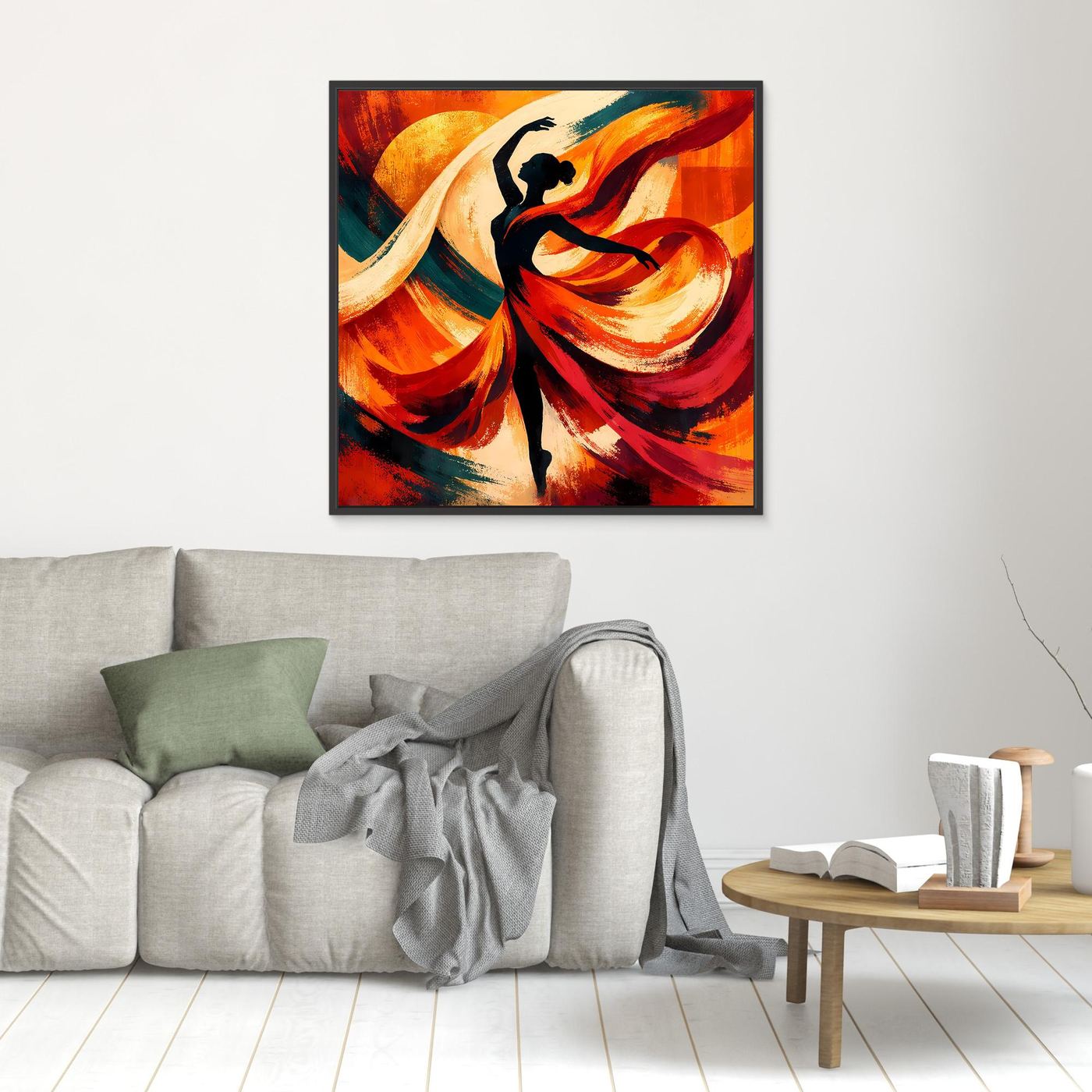 Kleines Leinwandbild mit abstrakter Tänzerin, schwarze Silhouette, kräftige Rot- und Orangetöne, dynamische Striche.