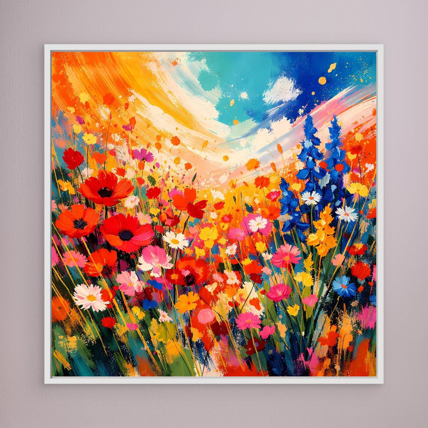 Leinwandbild mit farbenfrohem Blumenwiesen-Motiv, weißer Rahmen, abstrakte Blüten