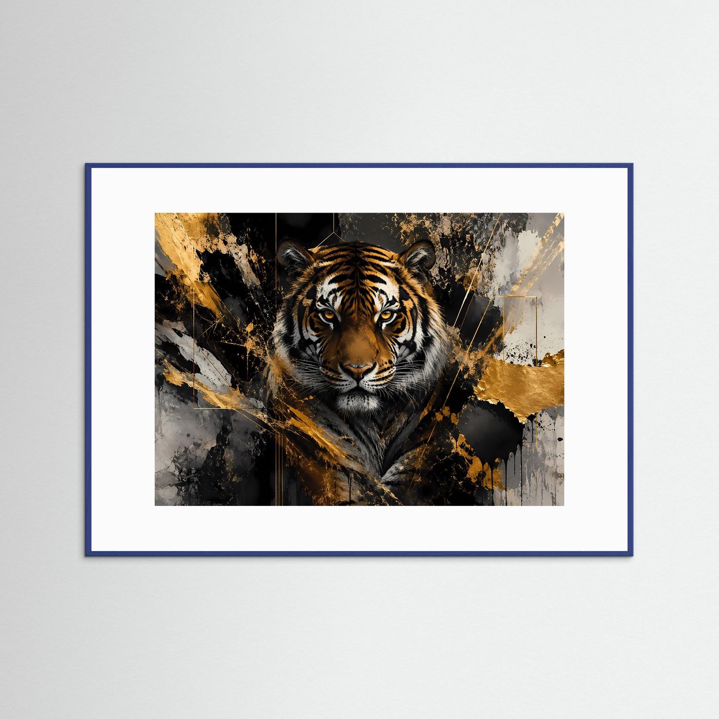 Kunstposter Querformat mit Tigerkopf und goldfarbenen Spritzern im blauen Rahmen