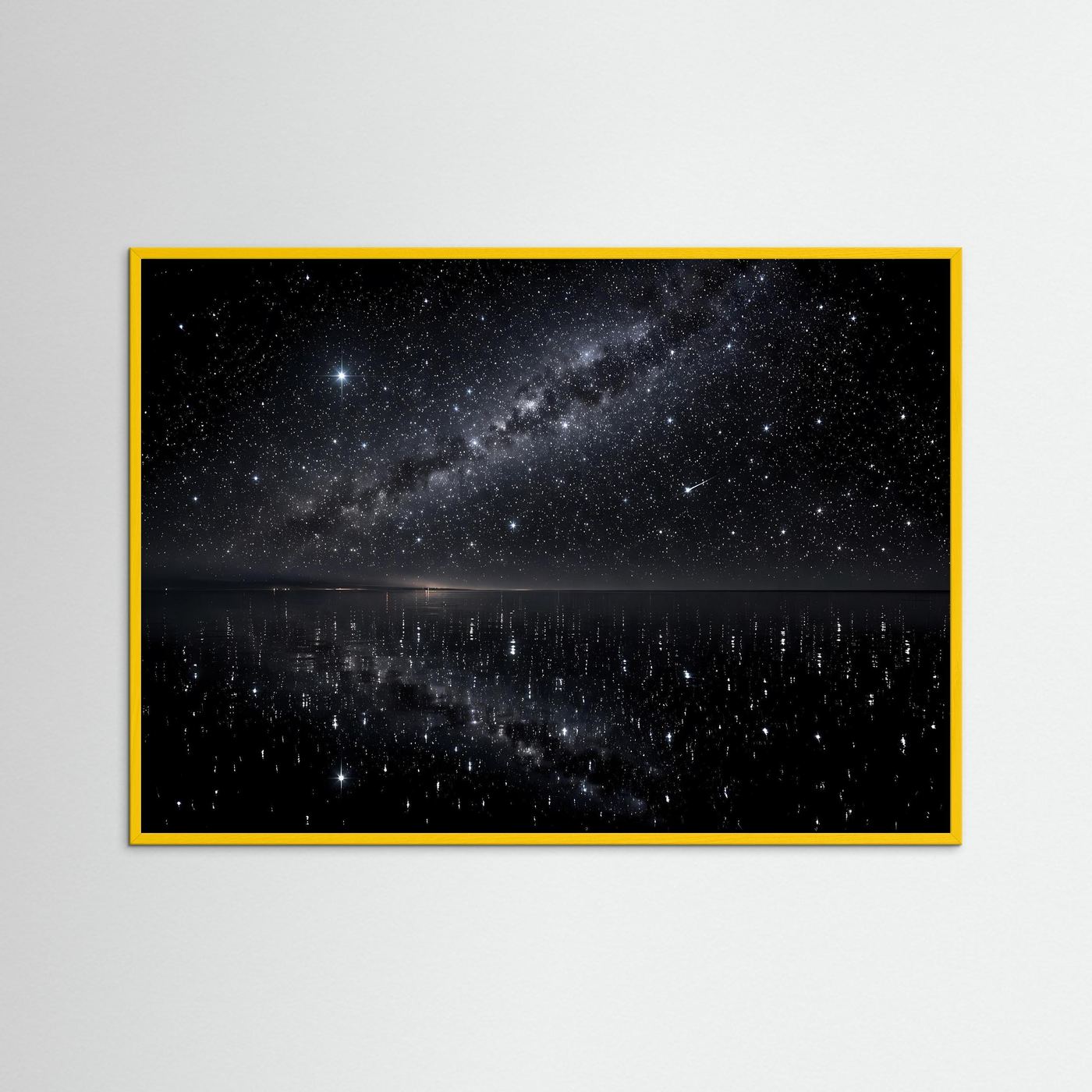 Poster mit Sternenhimmel und Spiegelsee, gelber Rahmen