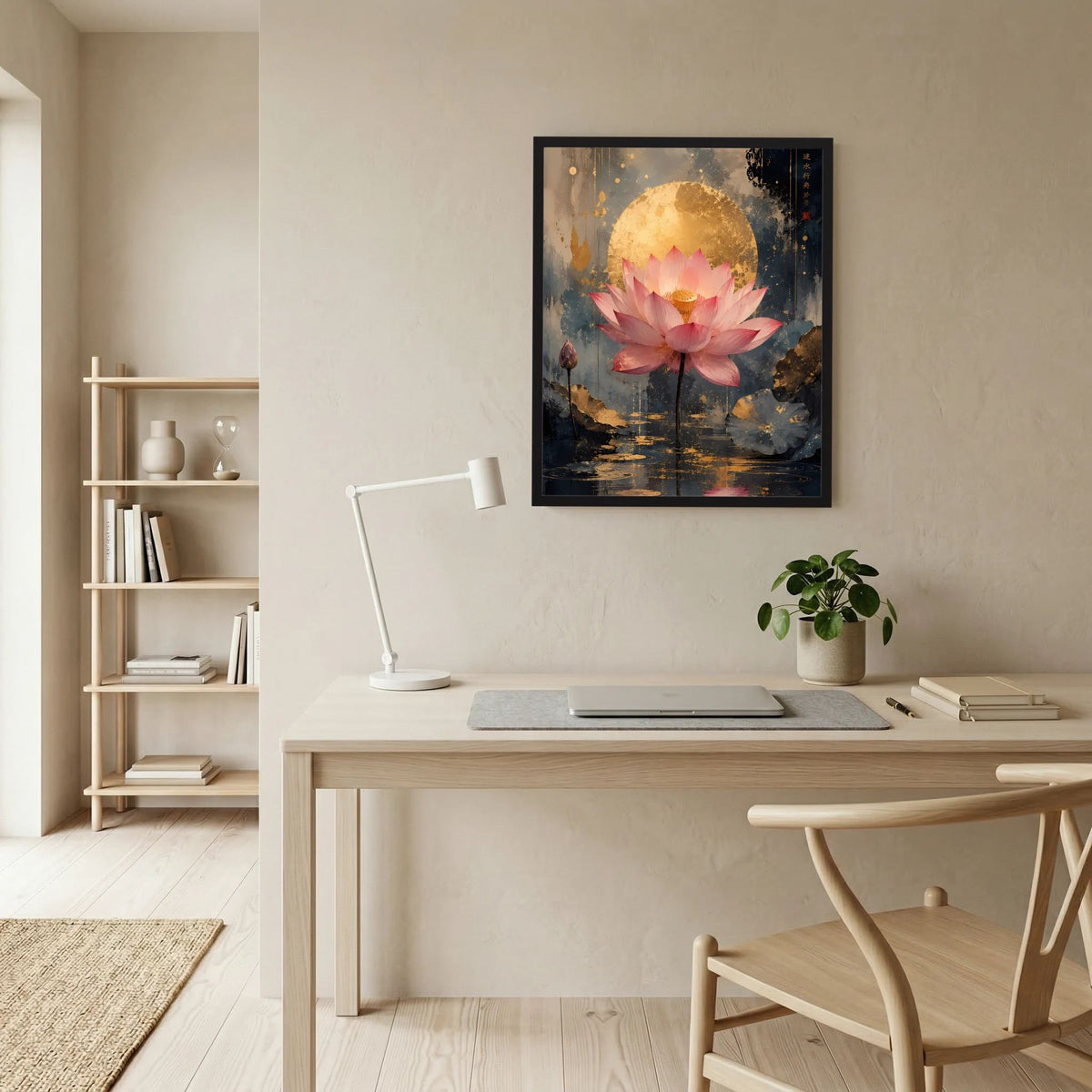 Gerahmtes Poster mit rosa Lotusblüte in Goldlicht und Spiegelung auf Wasser