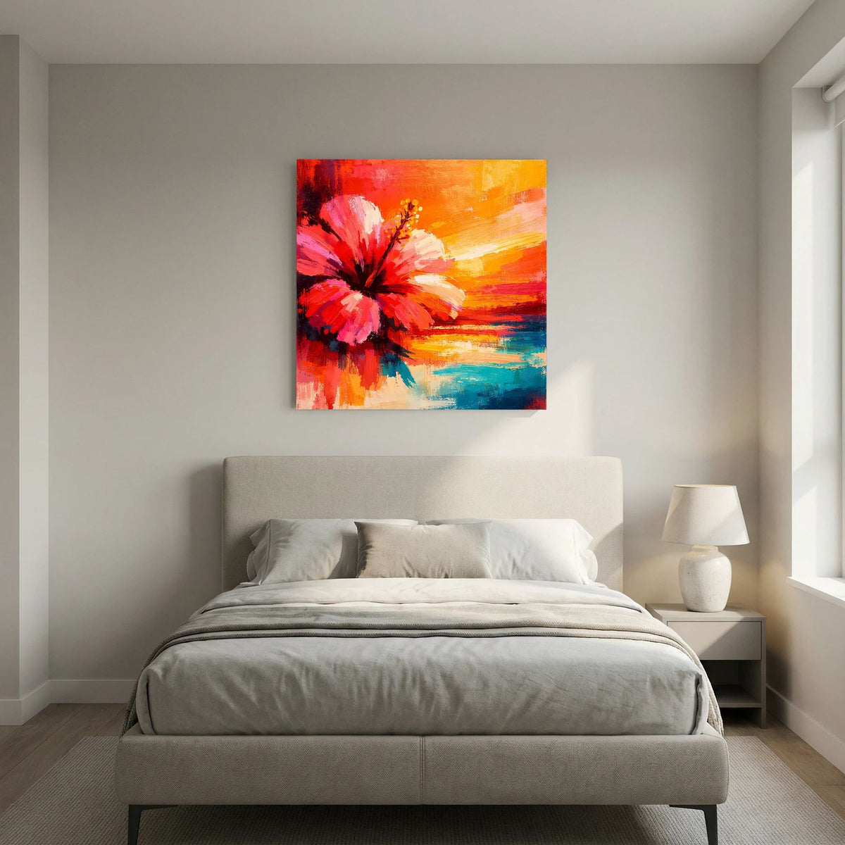 Abstraktes Hibiskusblütenbild auf Leinwand mit leuchtendem Sonnenuntergangs-Orange und Blau