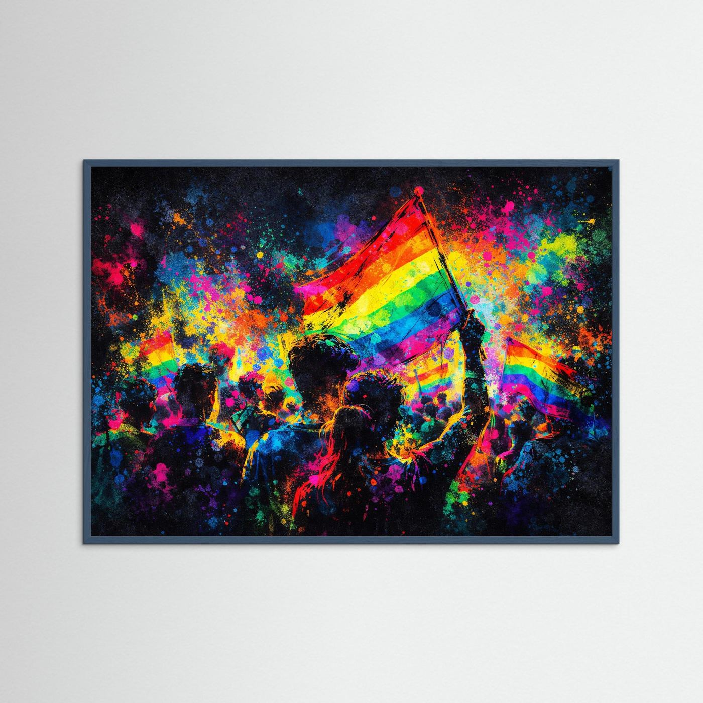 Wandbild mit Regenbogenflagge und buntem Sprühfarben-Motiv, blauer Außenrahmen