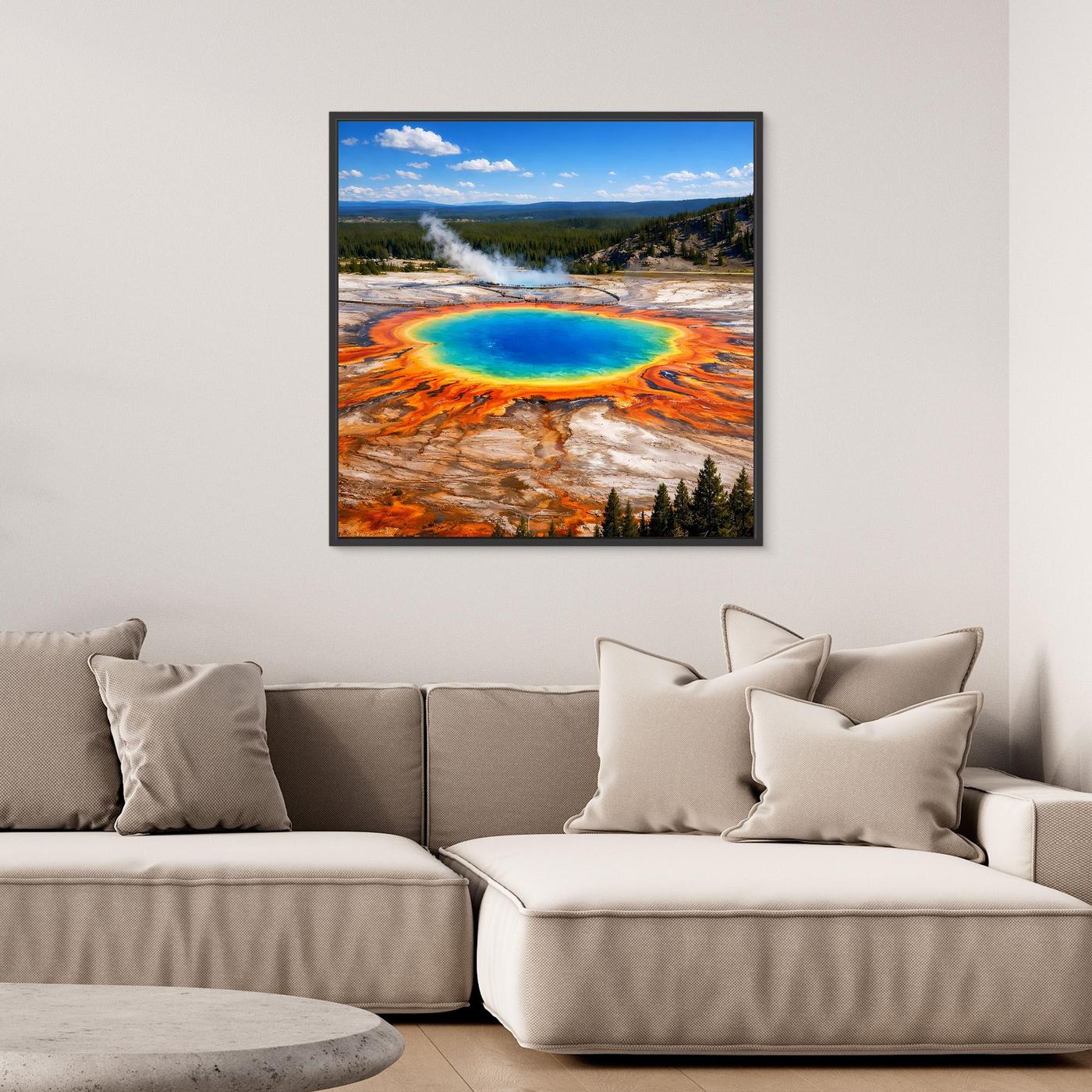 Leinwandbild mit Prismatic-Spring-Motiv im dunklen Rahmen, blau-türkis See und Wald