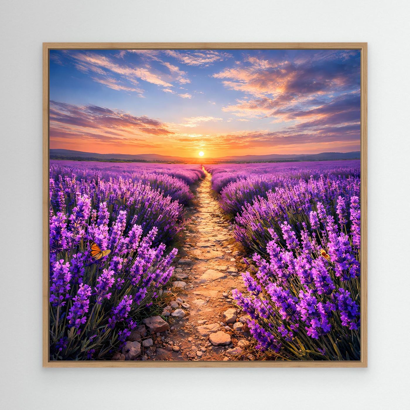 Leinwandbild Lavendelfeld mit Kiesweg und Sonnenuntergang, Eichenrahmen
