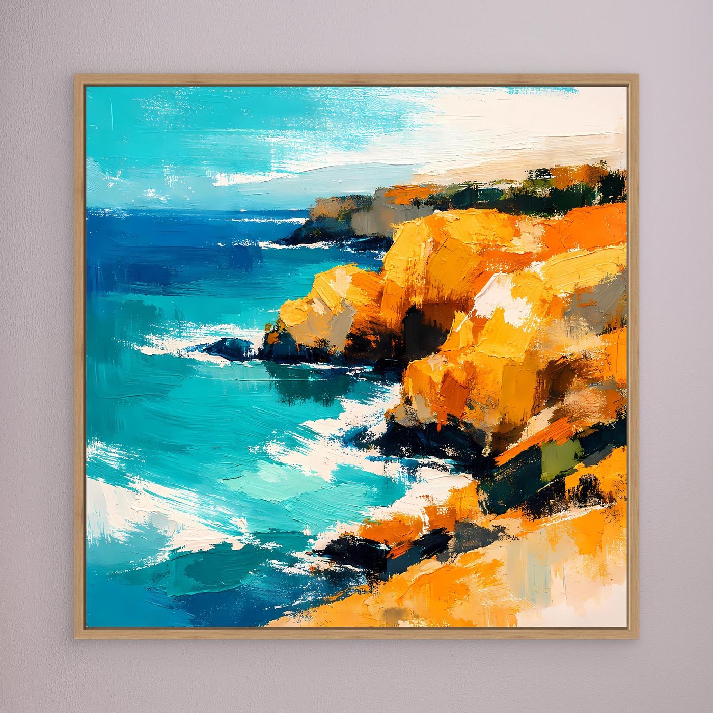 Leinwand Abstraktes Steilküsten Gemälde | Modernes Mediterranes Meeres Wandbild Blau Gelb