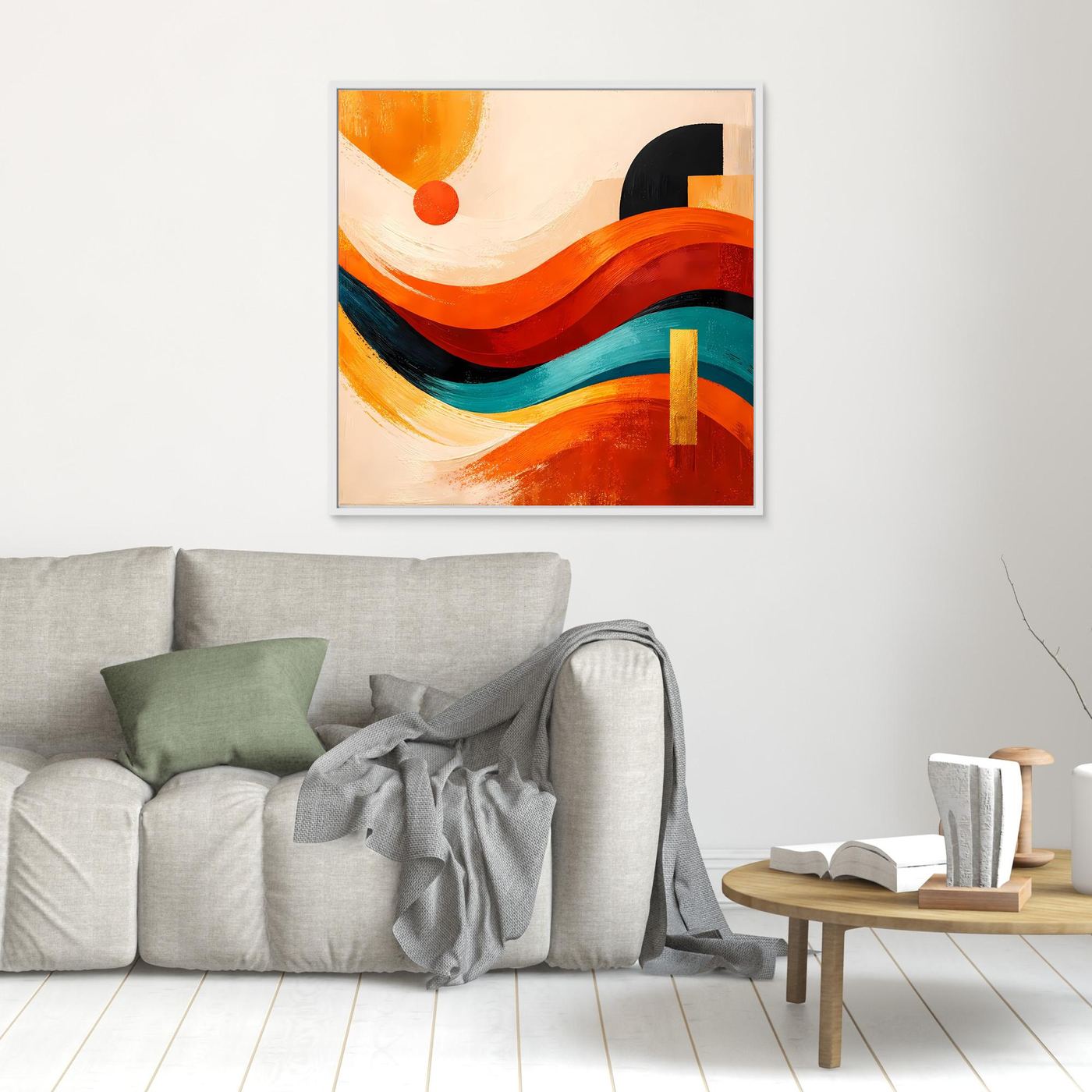Abstraktes Leinwandbild mit Wellen und Dünen, Orange/Rot/Türkis, silberner Rahmen