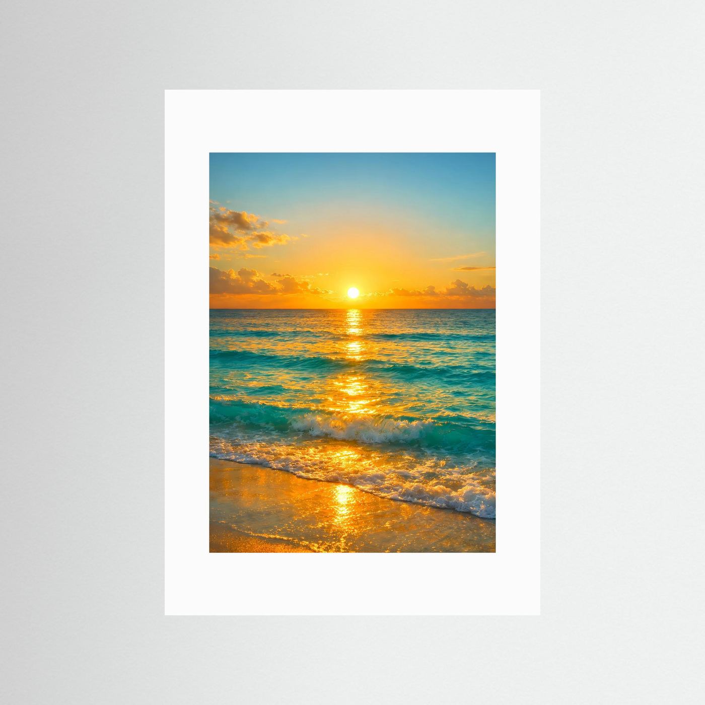 Maritimes Ozean-Poster im Hochformat mit goldenem Sonnenuntergang, weißer Passepartout