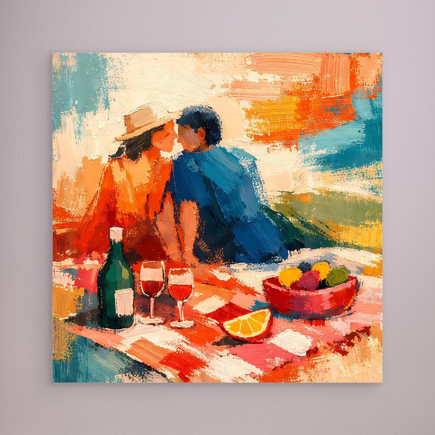 Buntes Leinwand-Wandbild mit abstraktem Picknick-Pärchen ohne Rahmen