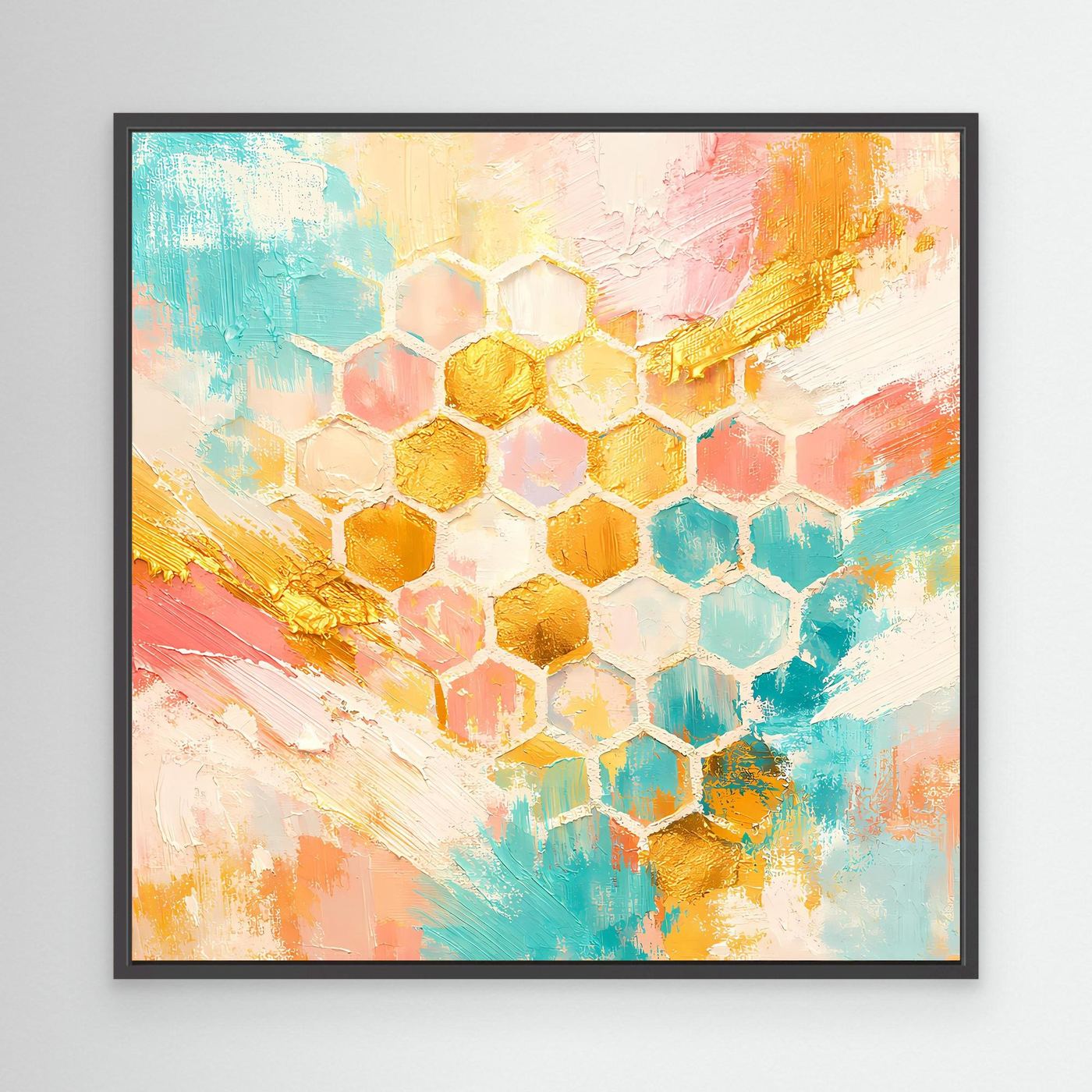 Leinwandbild mit Bienenwaben-Muster in Pastellfarben, mit schwarzem Rahmen
