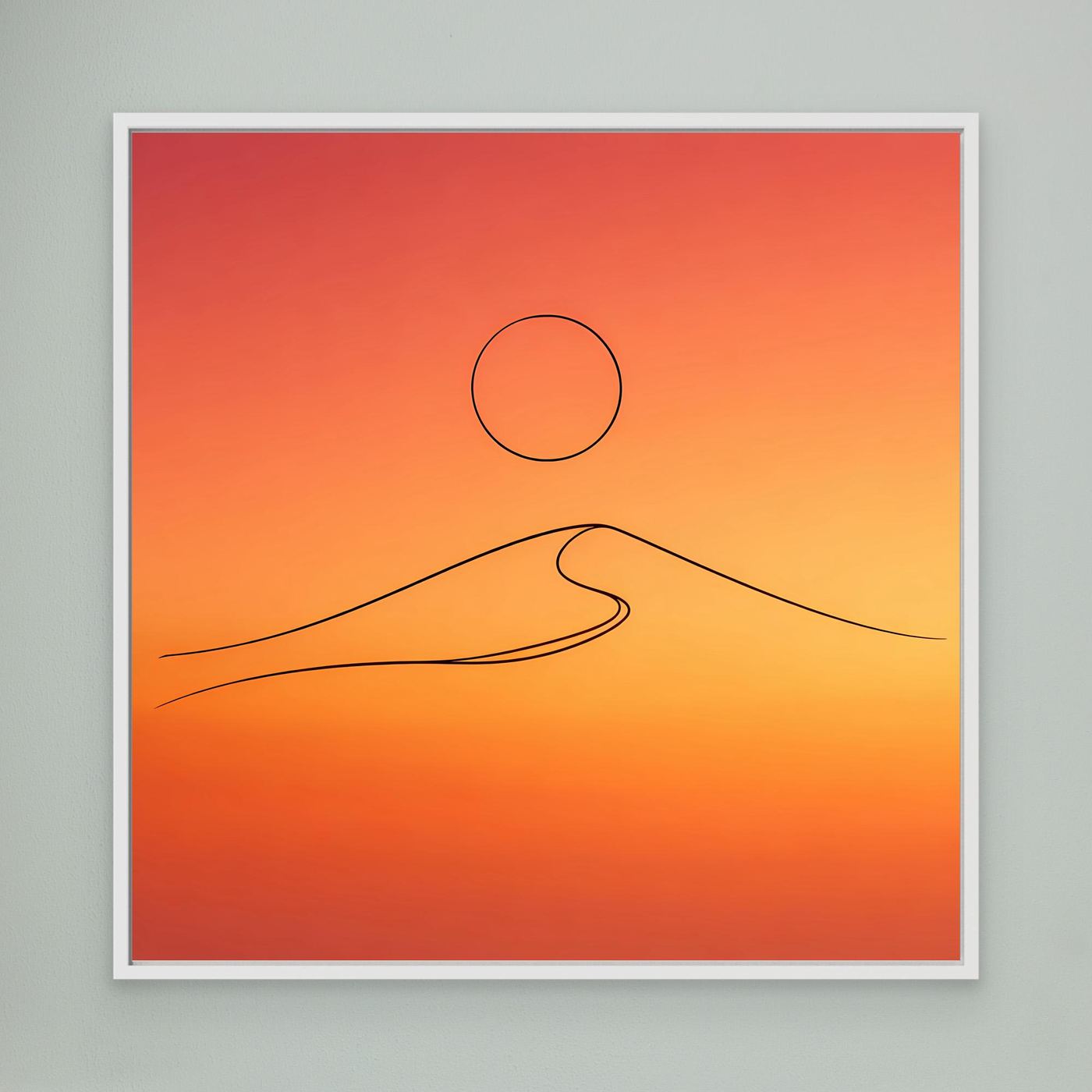Leinwandbild mit roter Sonnenuntergangszene, Kreis und Düne in Line-Art, weiß gerahmt