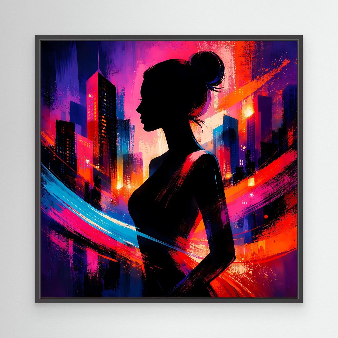 Leinwandbild mit schwarzem Rahmen: Silhouette einer Frau vor Neon-Skyline in kräftigen Farben