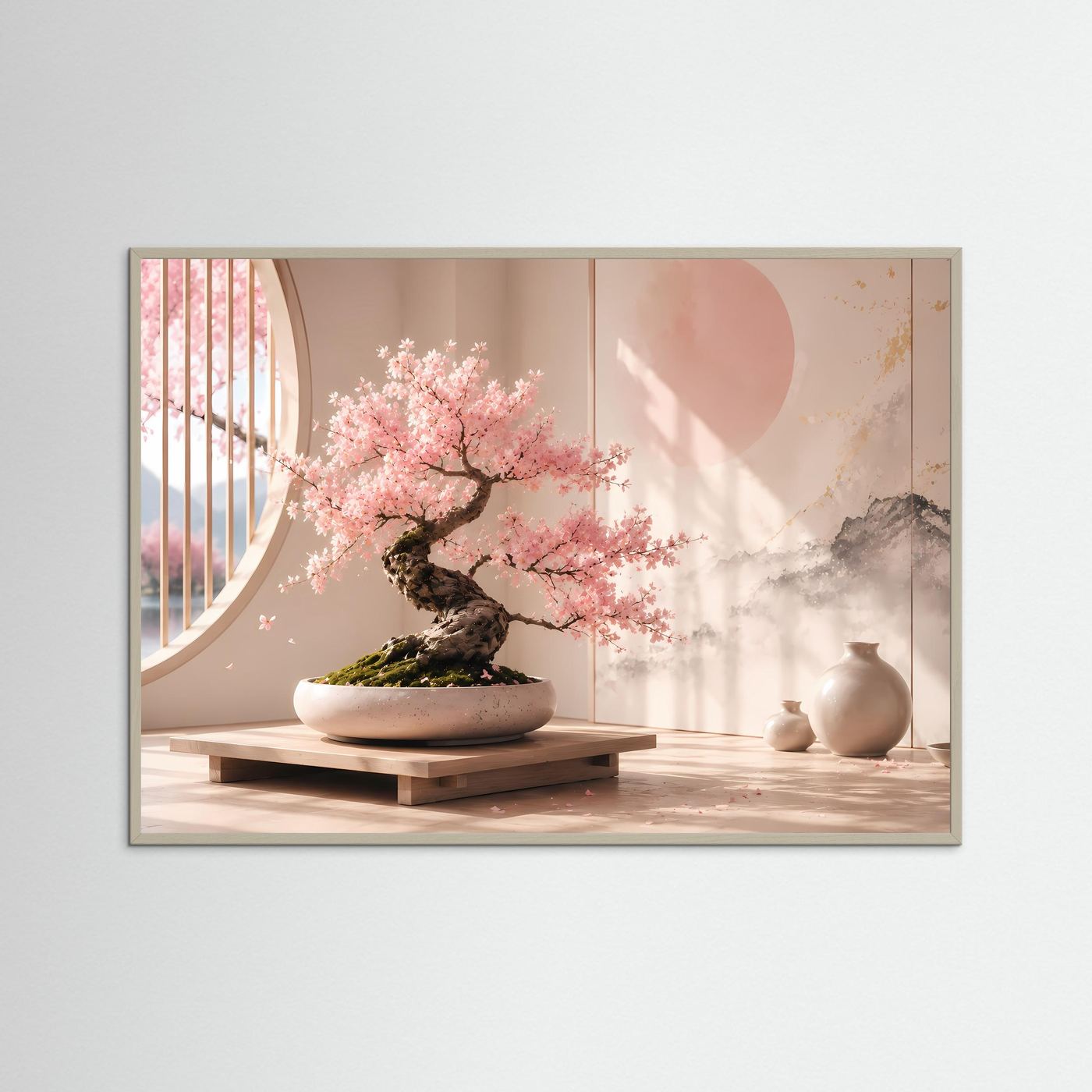 Querformat-Poster mit Kirschblüten-Bonsai im grauen Rahmen, rosa Blüten, Vasen.