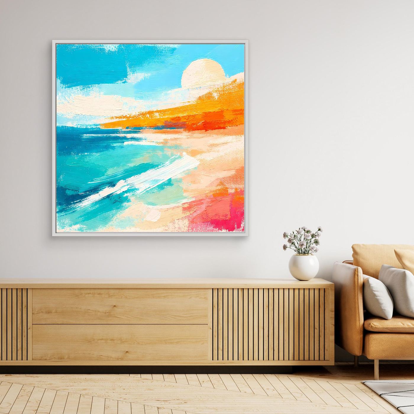 Framed abstract canvas wall art with teal ocean, sandy orange shoreline, white sun
