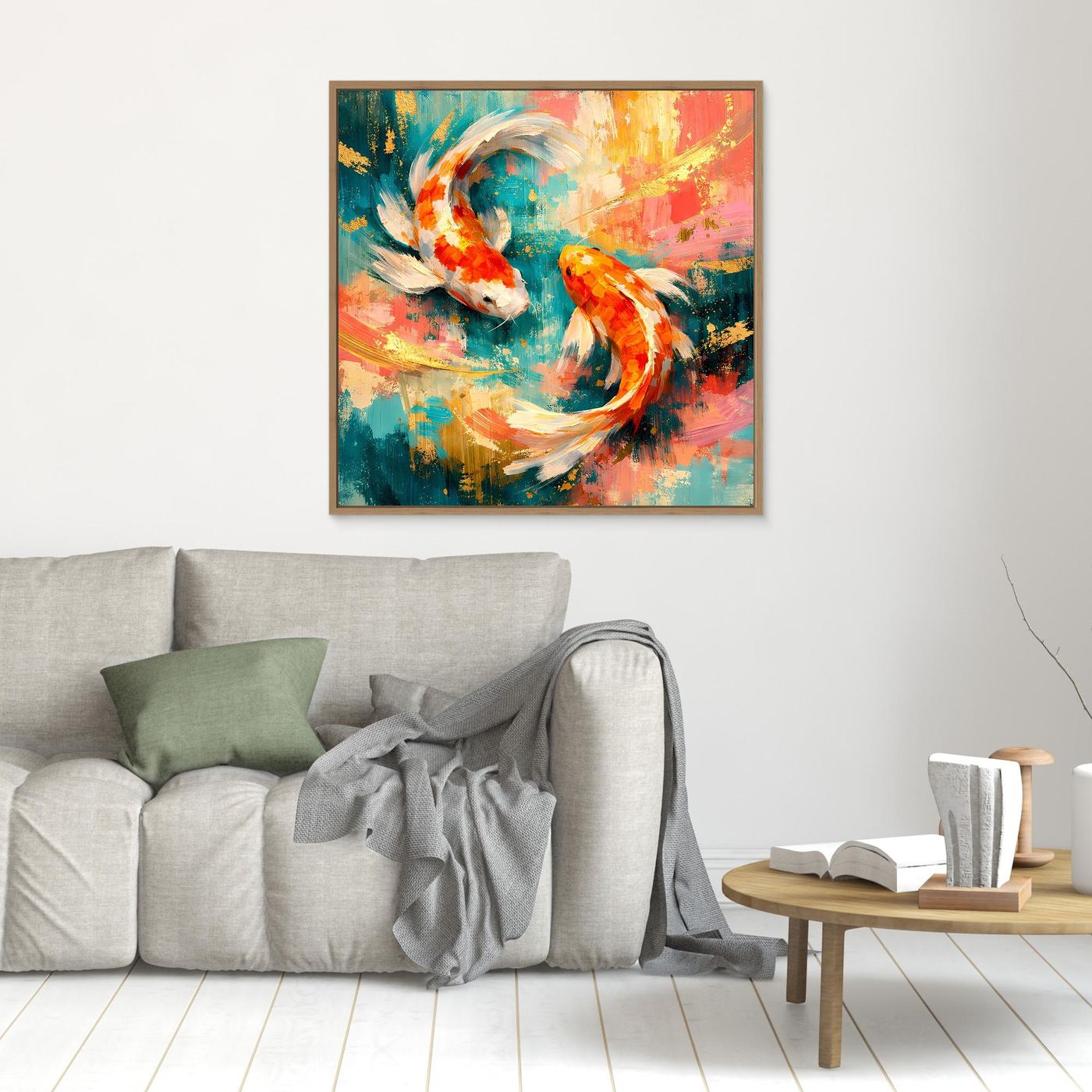 Leinwandbild mit abstrakten Koi-Fischen, goldbraun gerahmt, buntes Gold-Design im Yin-Yang-Stil