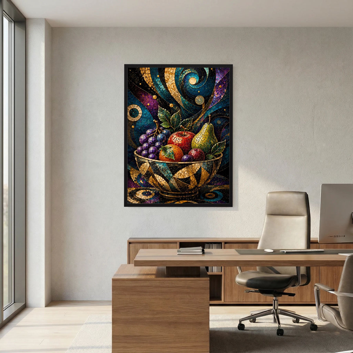 Wandposter im Hochformat: Obstschale als Mosaik mit goldenen Ornamenten