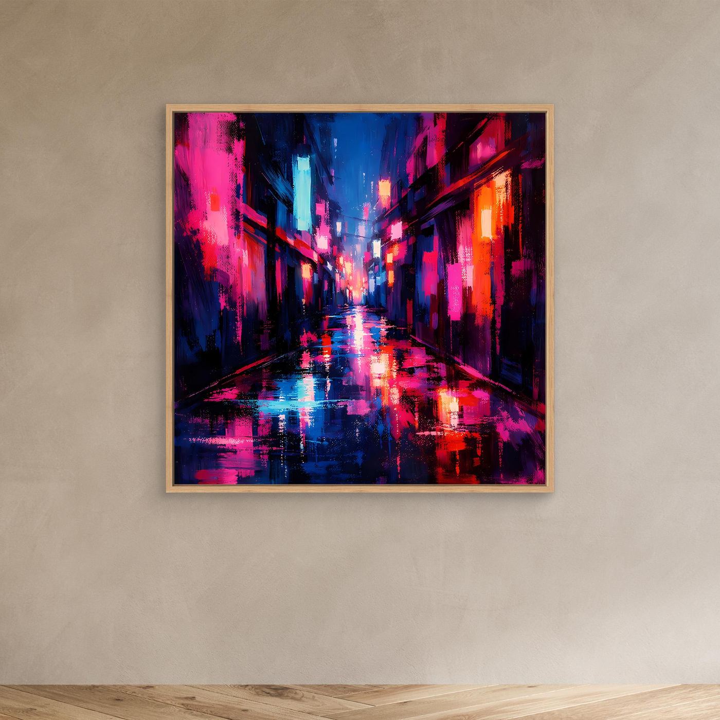 Leinwand Cyberpunk Nachtgasse im Regen | Modernes Neon Wandbild