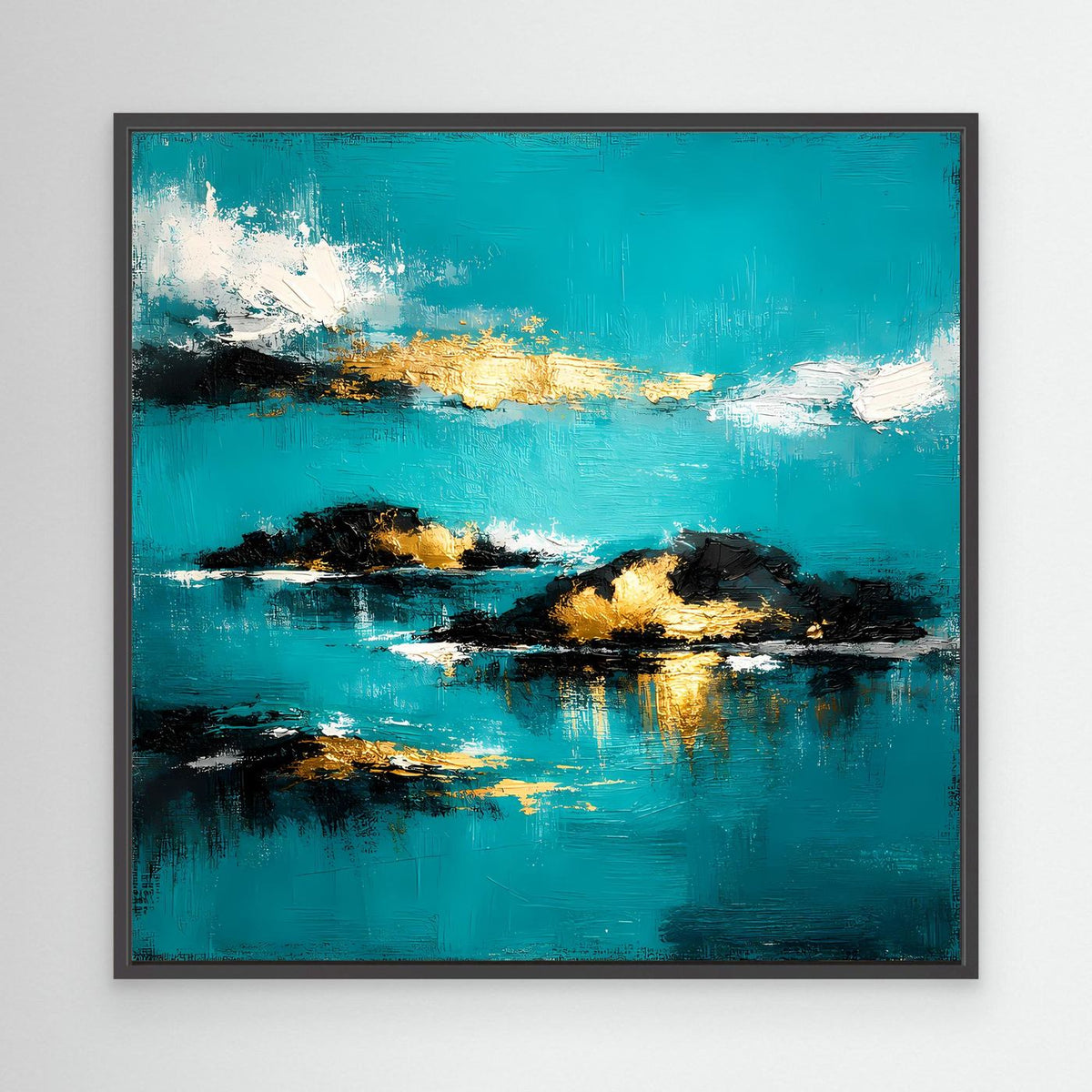 Gerahmtes Leinwandbild mit türkisblauem Wasser, goldenen Reflexen und dunklen Inseln