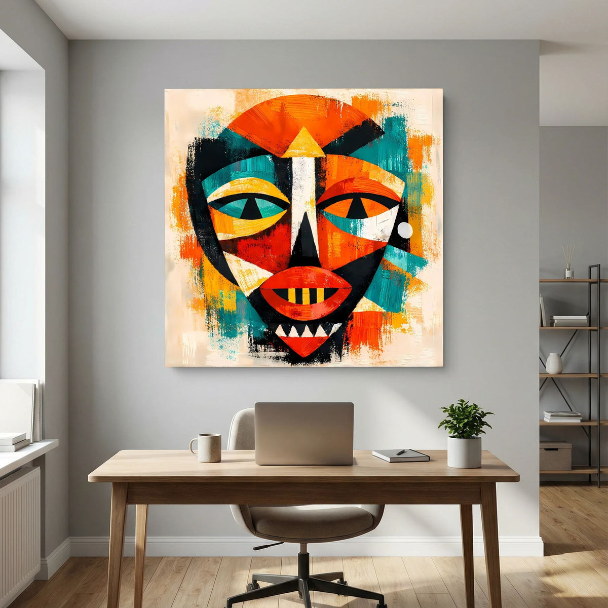 Leinwandbild afrikanische Maske im abstrakten Stil, kräftige Kontraste in Türkis und Orange
