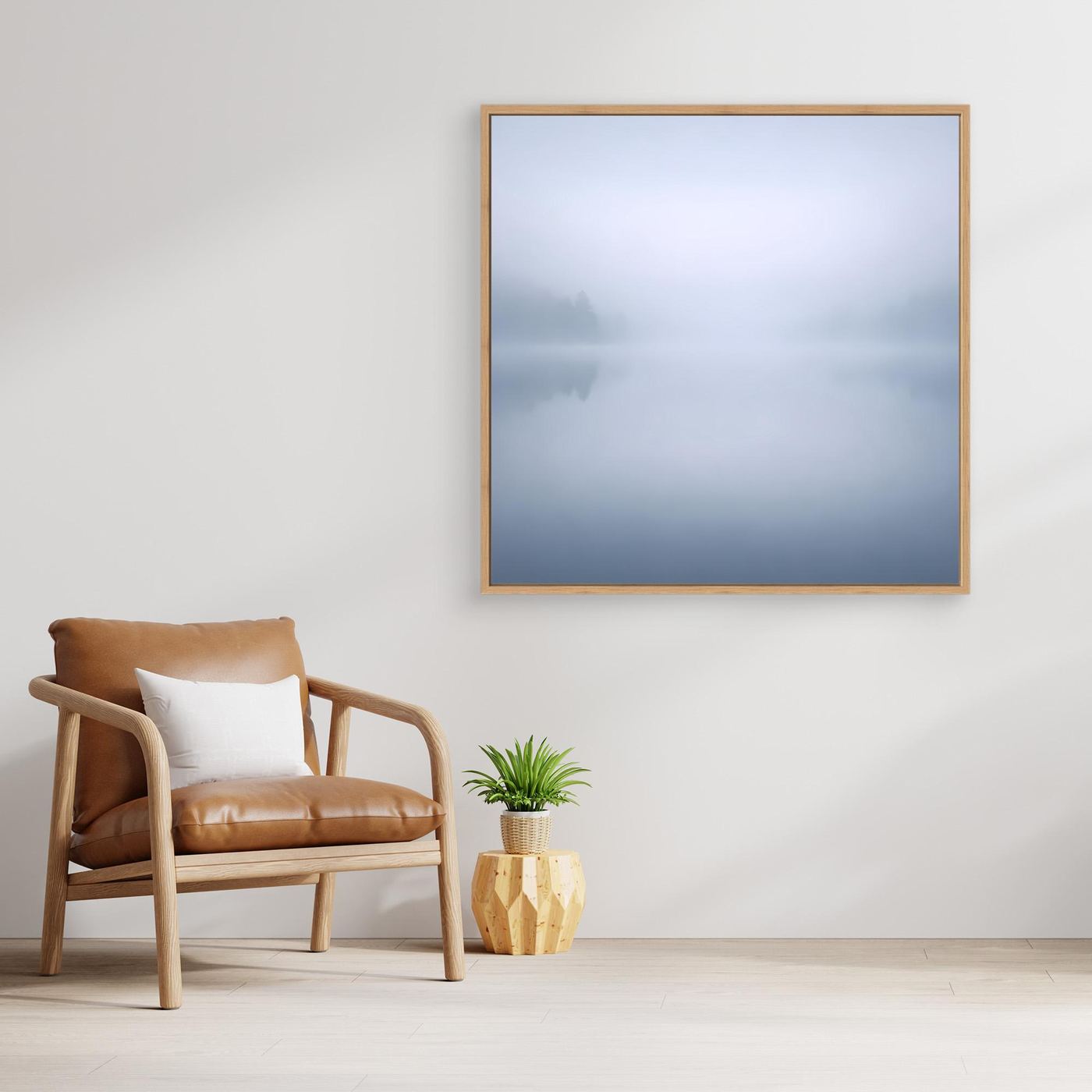 Leinwandbild Nebelsee, quadratisch, Eichenrahmen, Blau-Grauverlauf